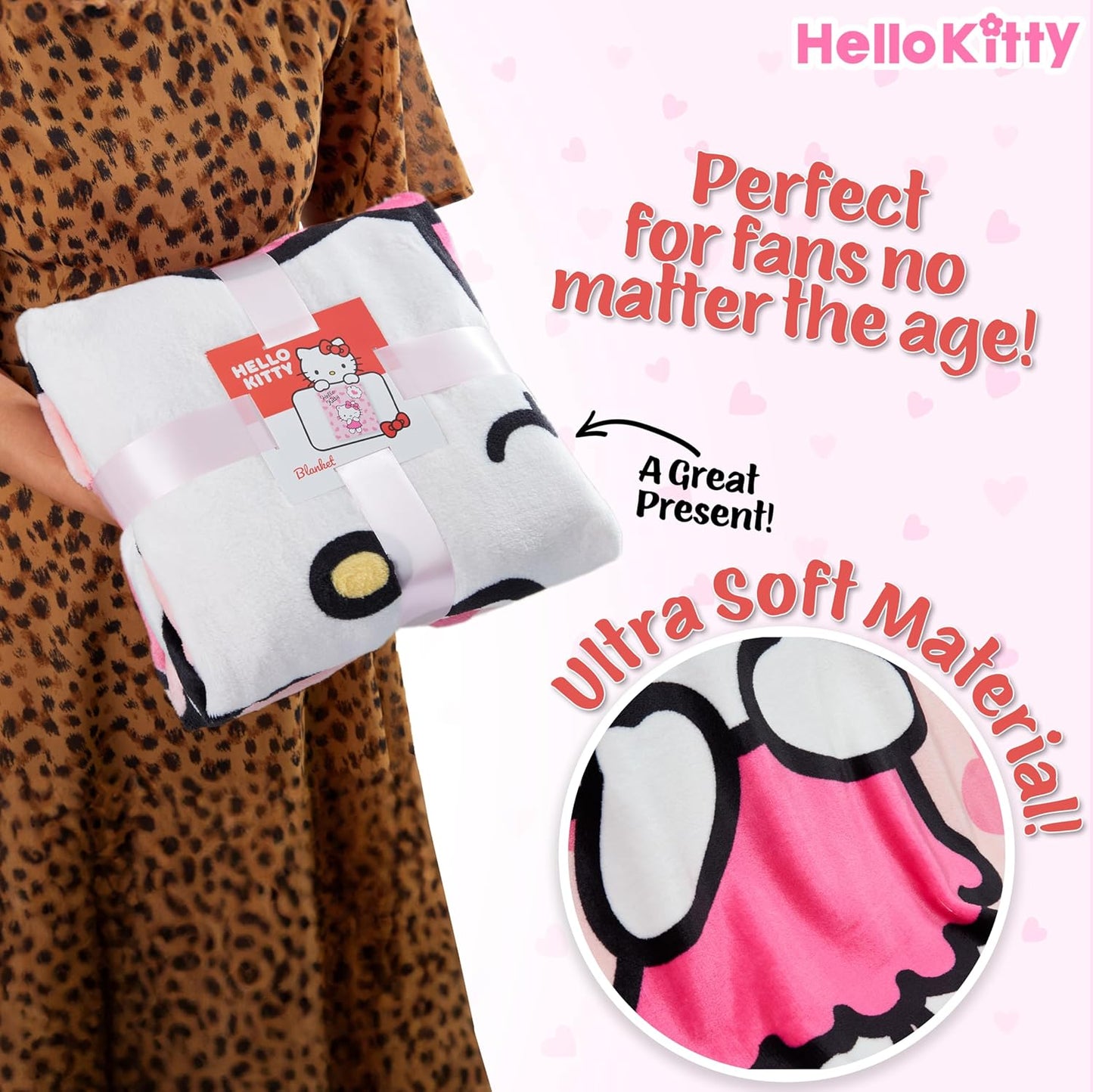 Hello Kitty Sanrio Fleece Throw Blanket, 59x51in, Cinnamoroll Soft Bedding, Bed Decor, Room Decor, Kawaii Gifts for Women (Pink Hello Kitty)
