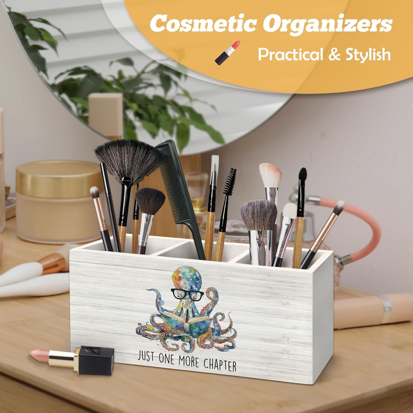 Book Lovers Gifts Pen Holder Organizer for Desk Accessories, Just One More Chapter Octopus Bookish Wooden Box Desk Decorations for Kids Reading Corner Nook Room Classroom Decor