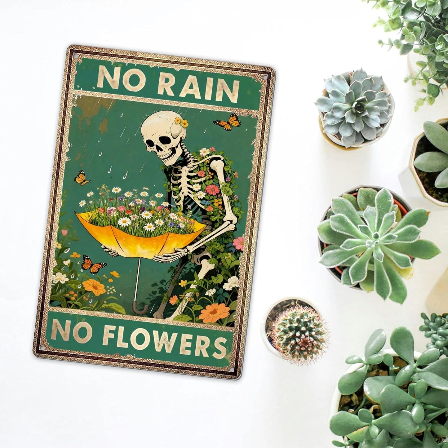 Retro Garden Metal Signs Vintage Skull Poster - No Rain No Flowers Sign, Floral Skull & Umbrella Wall Art Decor for Home, Garden, Bedroom, Living Room 8x12 Inch