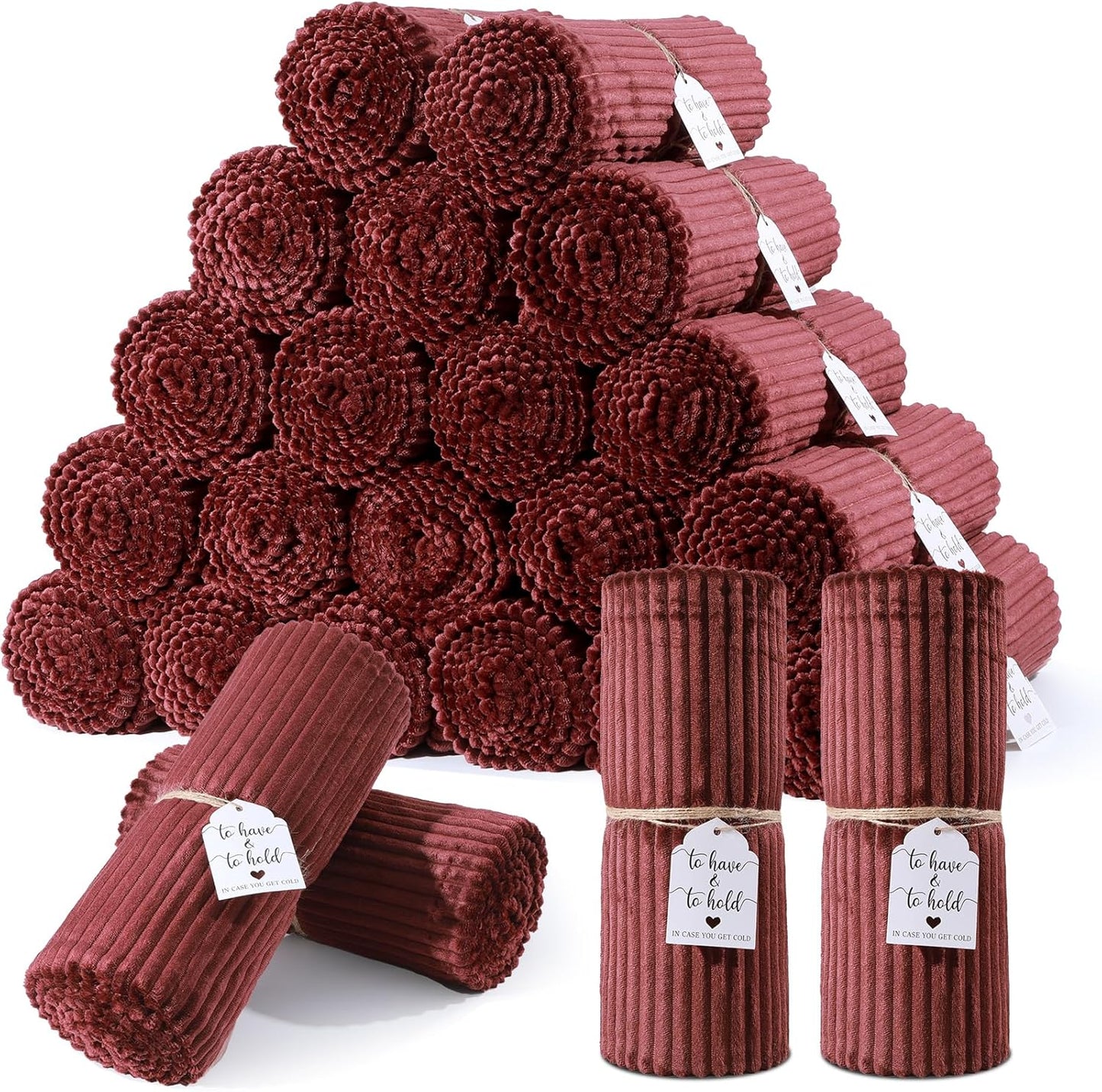 24 Pcs Burgundy Wedding Flannel Throw Blanket Bulk 50 x 60 Inch with to Have to Hold Card Striped Ribbed Soft Throw Blanket Lightweight Blankets for All Seasons Wedding Gifts Sofa Room(Burgundy)