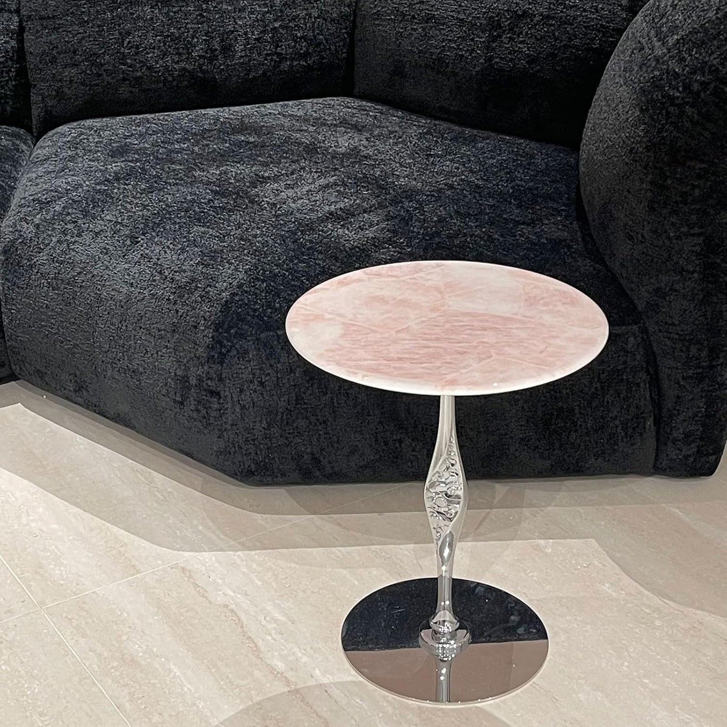 Round Marble Bar Table, Pink Small End Table for Couch with Sliver Base, Bistro Cocktail Table Narrow Side Table for Tight Spaces Home Office Dining Room