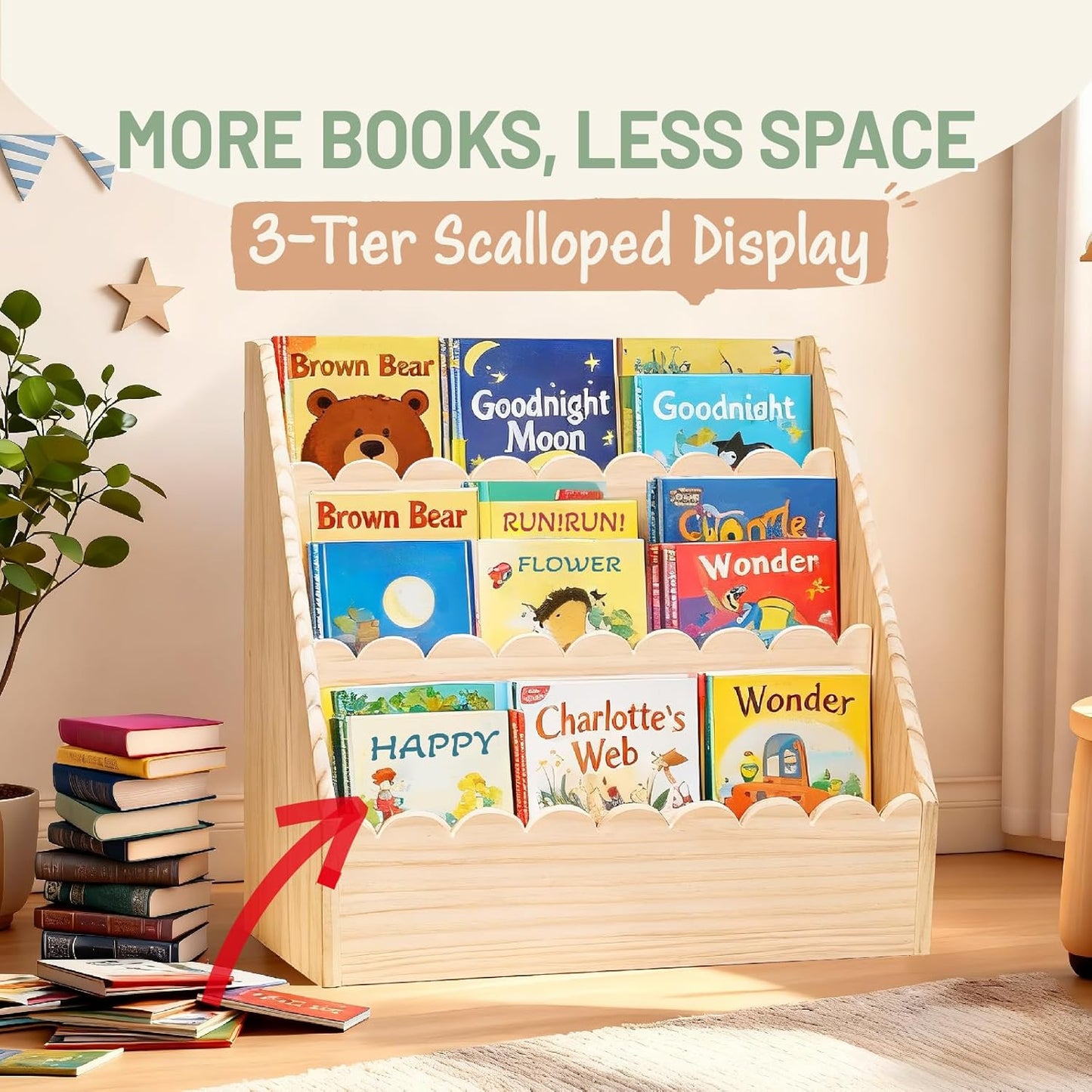 Scalloped Kids Book Shelf, Montessori 3-Tier Wooden Toddler Bookshelf for Ages 1–5, Nursery & Kids Room Bookshelf, Safe & Sturdy Playroom Book Shelf, Natural Wood