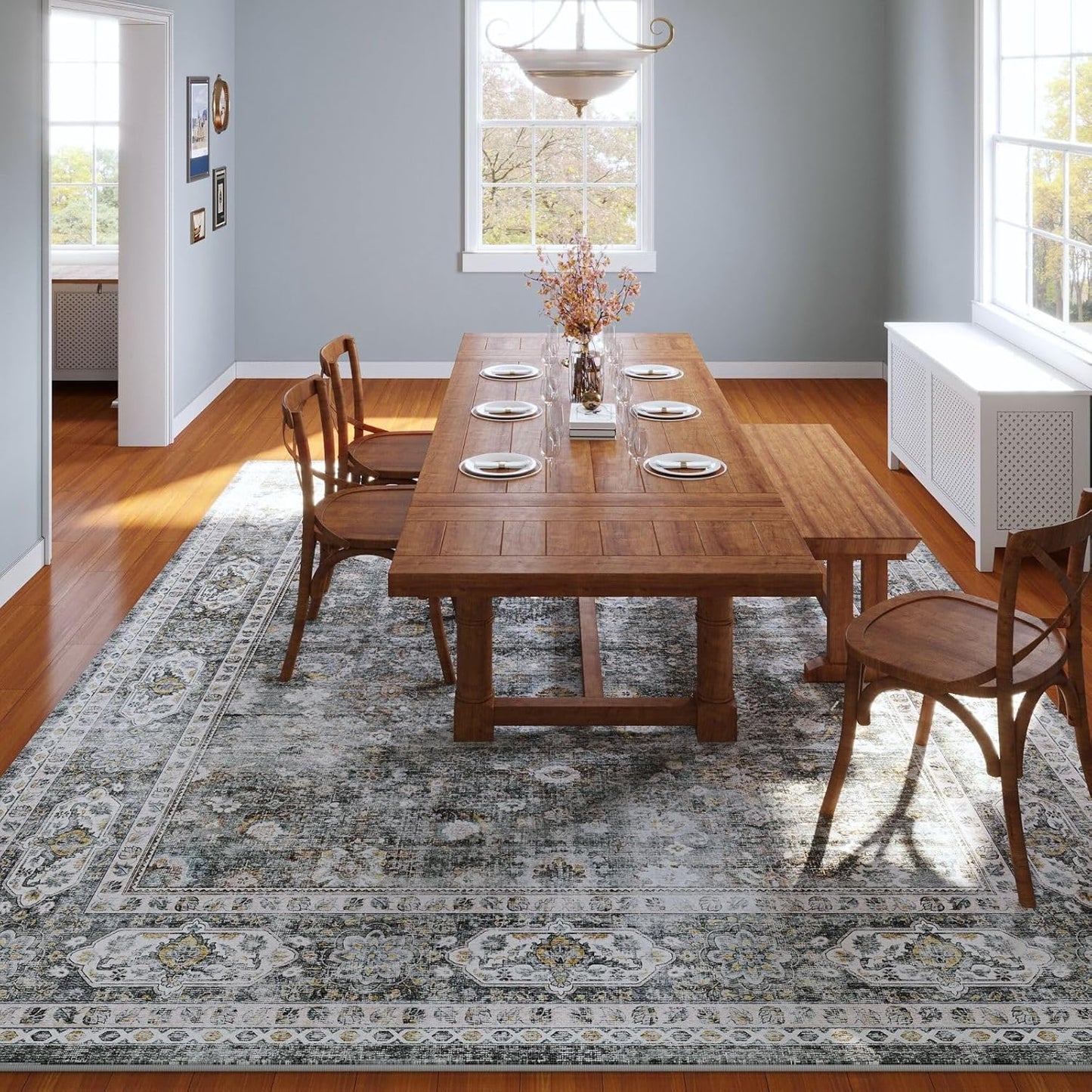 Rugcomf Area Rug 5x7 Washable Rug Boho Soft Non-Slip Non-Shedding Faux Wool Vintage for Living Room, Bedroom Rug, Farmhouse, Dining Room, Indoor, Kids Playroom (Grey)