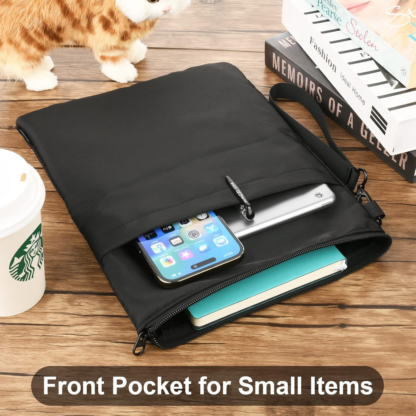 Book Sleeves with Zipper, Travel Book Protector Pouch for Paperbacks & Hardcover Books, Book Covers Bags Carry Case/Front Pocket & Handle Strap for Book Lovers Mother's Day (Black, 1 Pc)
