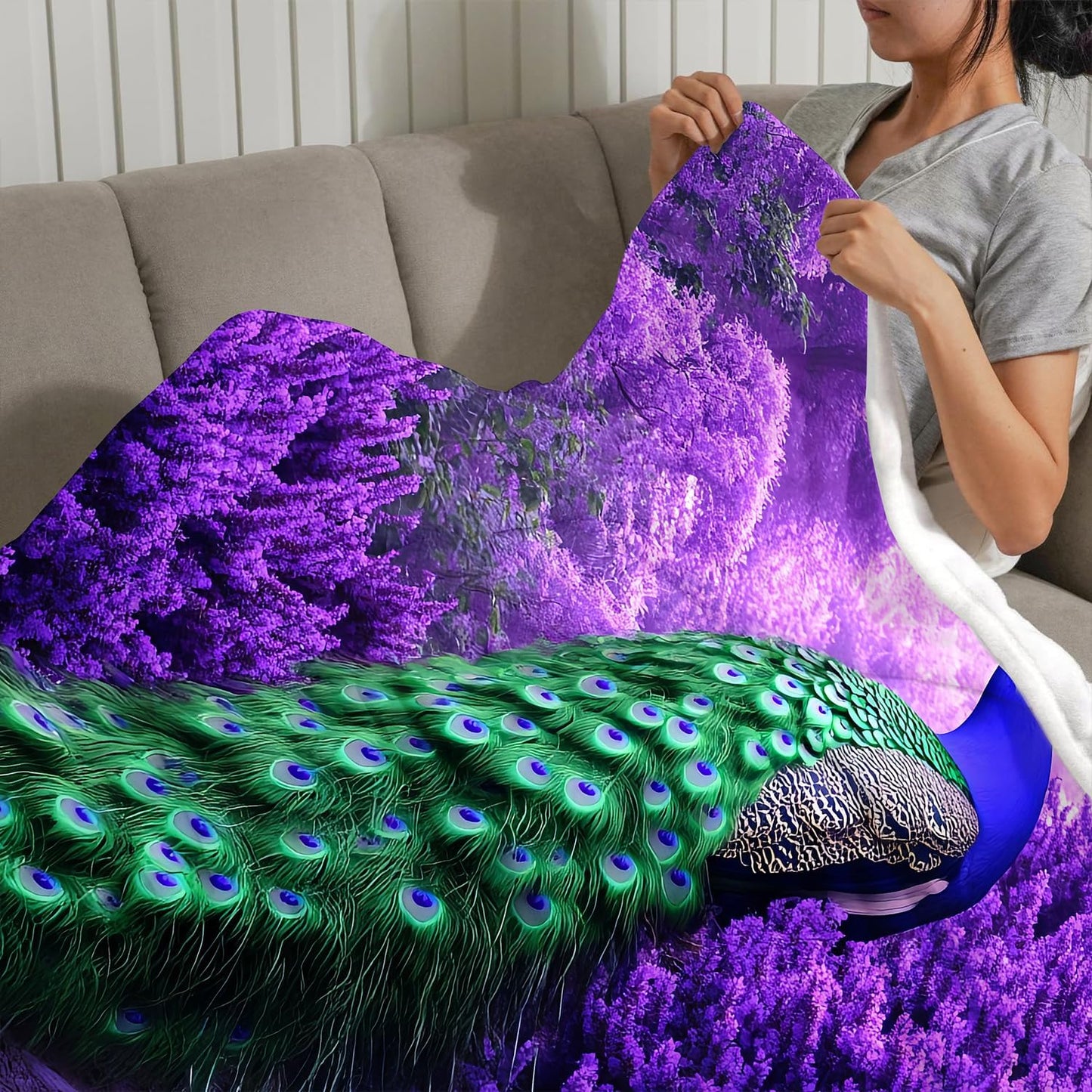 Peacock Gifts for Women, Super Soft Graceful Peacock Decor Purple Lavender Throw Blanket Gifts for Women Girls, Peacocks Stuffed Animal for Kids, Warm Cozy Fuzzy Plush Fleece Flannel Blankets 60"x50"