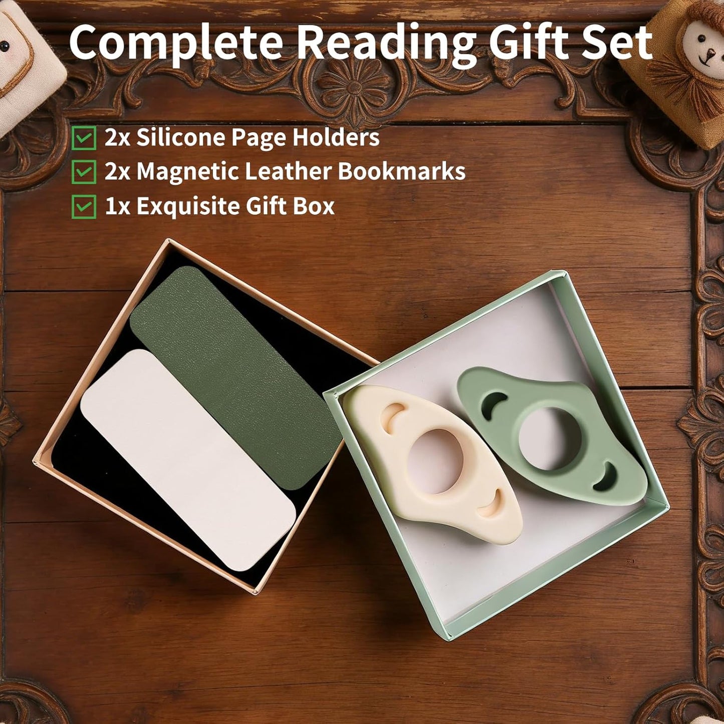 [4-in-1 Reading Set] 2 Soft Silicone Thumb Page Holders & 2 Magnetic Vegan Leather Bookmarks - Ergonomic One-Handed Book Opener & Secure Page Markers - Unique Bookish Gifts for Readers
