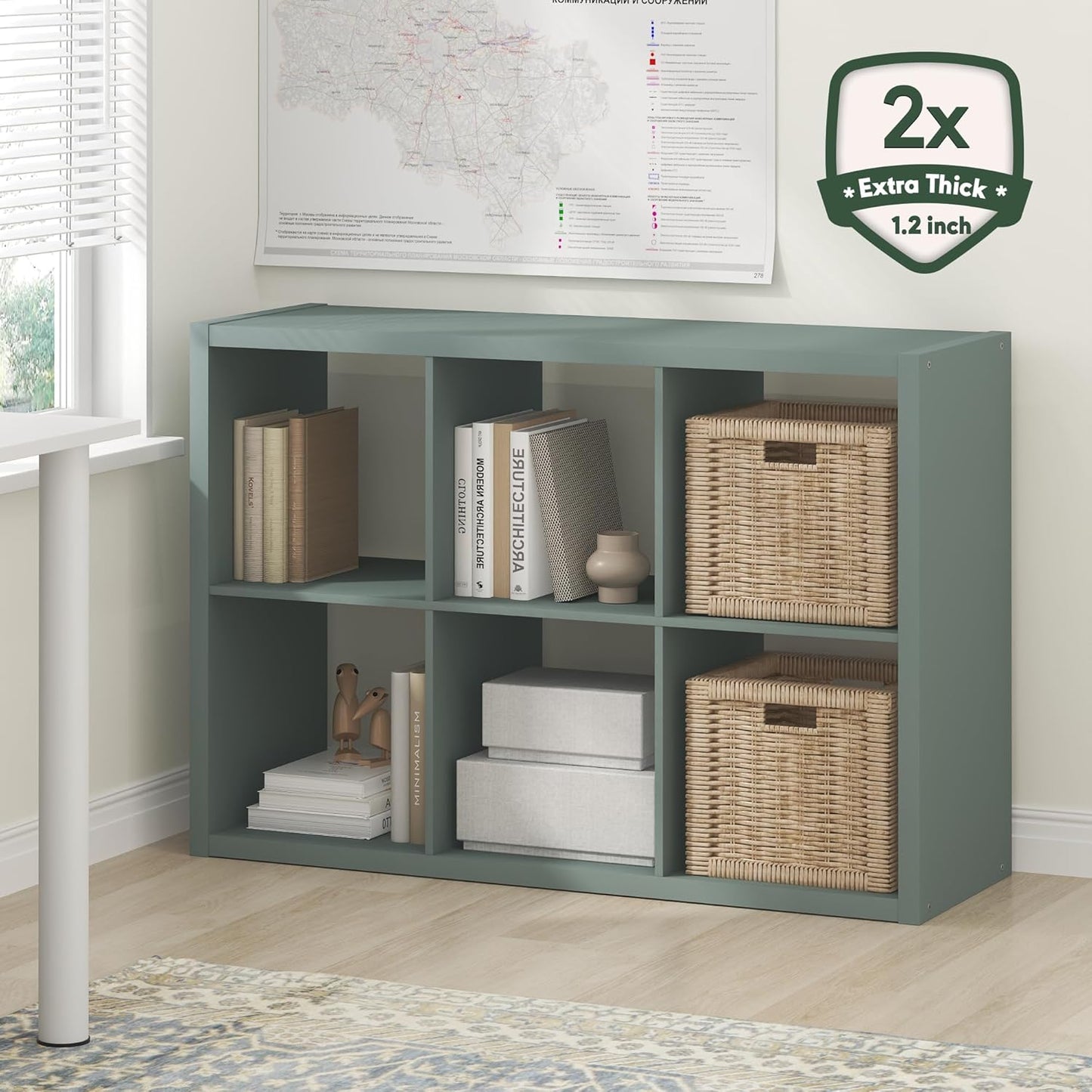 Furinno Cubicle Book Shelf, 6-Cube Bookshelf, Extra Thick Frame Horizontally & Vertically Reversible Bookcase with Open Back, 14.6" x 44" x 30", for Living Room, Bedroom, Home Office, Sage Green