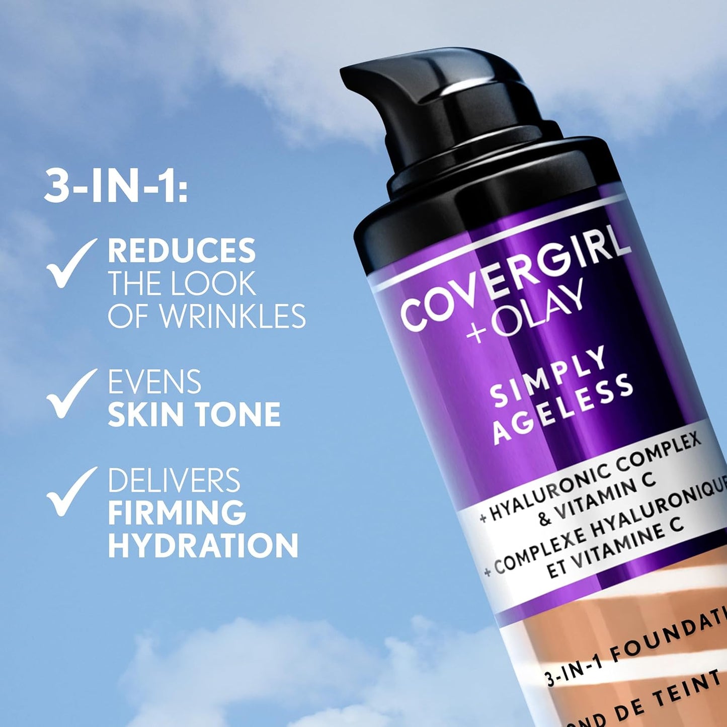 COVERGIRL & Olay Simply Ageless 3-in-1 Liquid Foundation, Matte Finish, Hyaluronic & Vitamin C Formula, 200 Fair Ivory, 1 Count