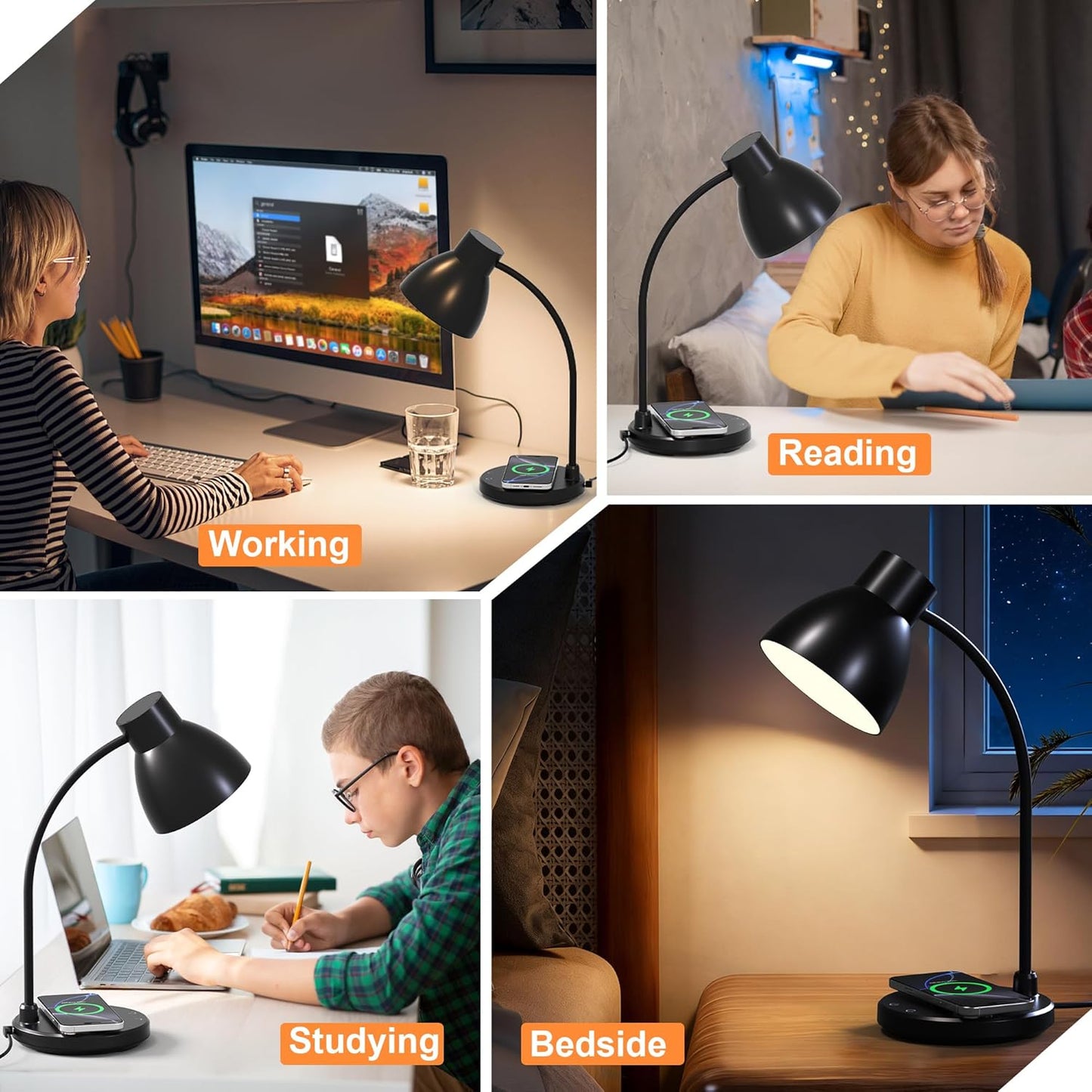 Desk Lamps for Home Office - LED Desk Lamp with Wireless Charger, 3 Color Modes Dimmable Eye-Caring Study Reading Desk Light, Small Flexible Arm Table Lamp for College Dorm Room Bedside, Black