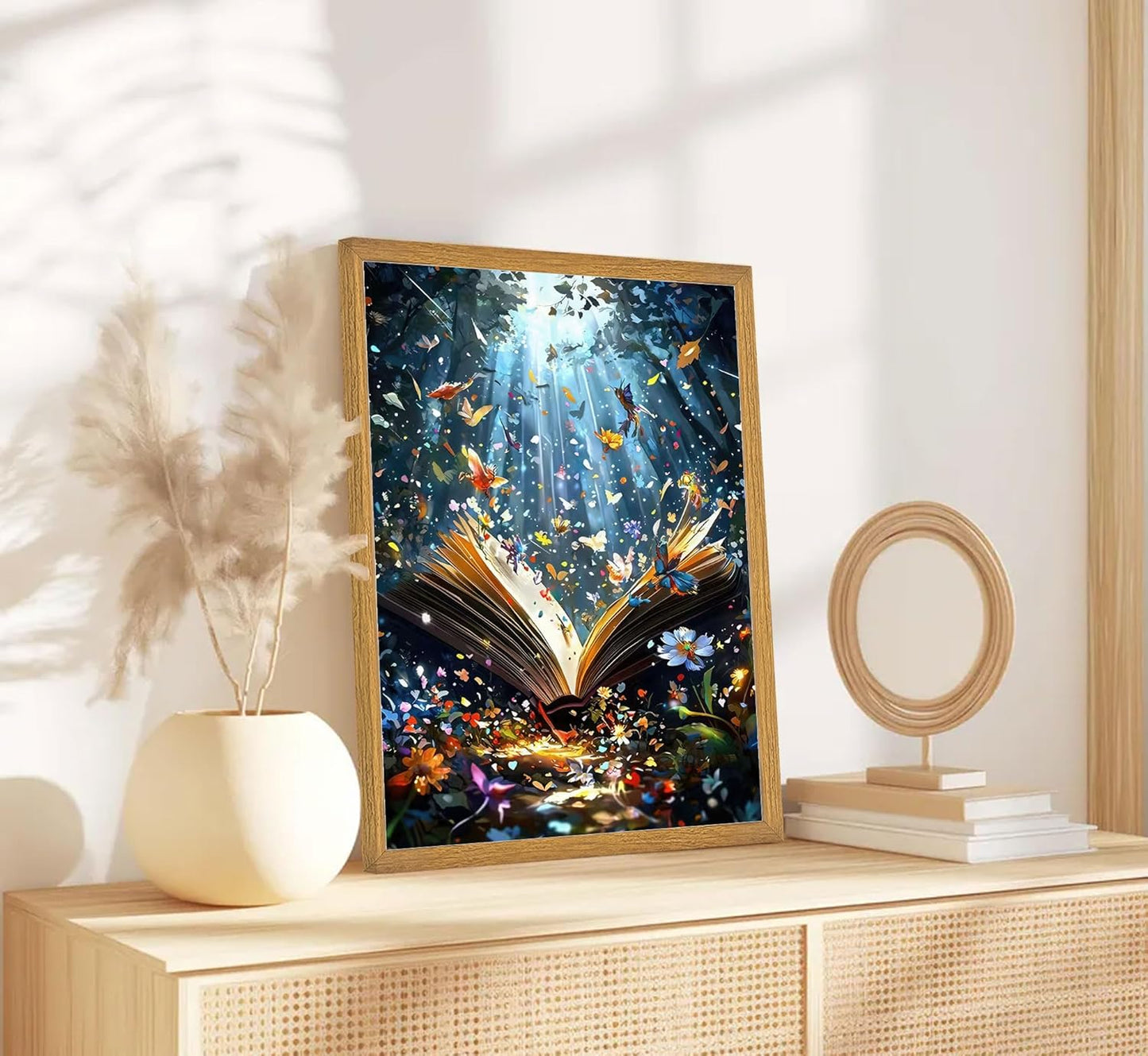 Framed Book Canvas Wall Art Butterfly Emerging From Book Picture Wall Decor Reading Enthusiasts Poster Print Painting for Library Reading Room Bedroom Modern Reading Concept Home Decoration