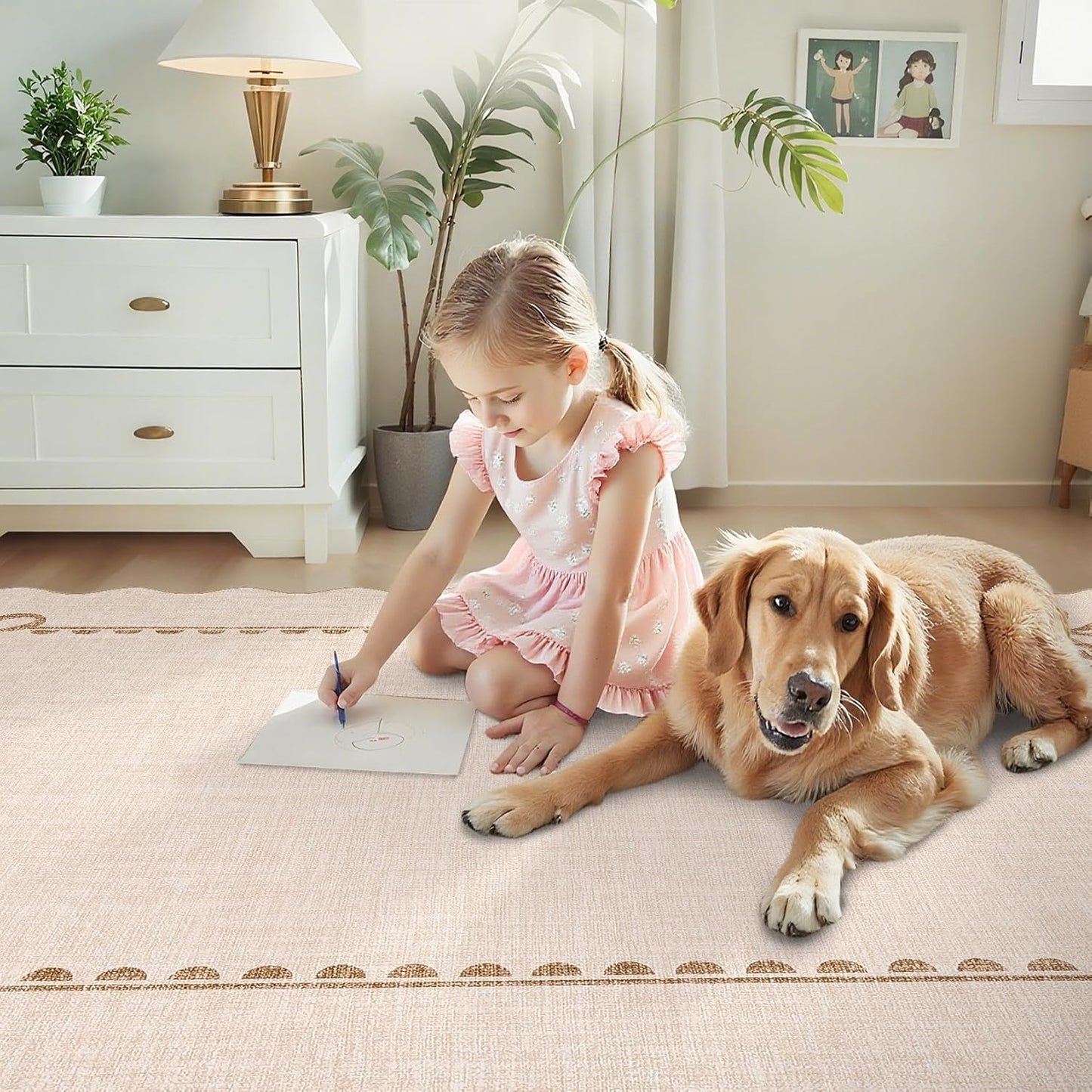 GarveeHome Scalloped Bow Rug for Living Room, Solid Beige Rug for Dorm, Washable Rugs 5x7 Soft Low Pile Non Slip Scalloped Rugs for Nursery College Bedroom Decor Kids Room Playroom