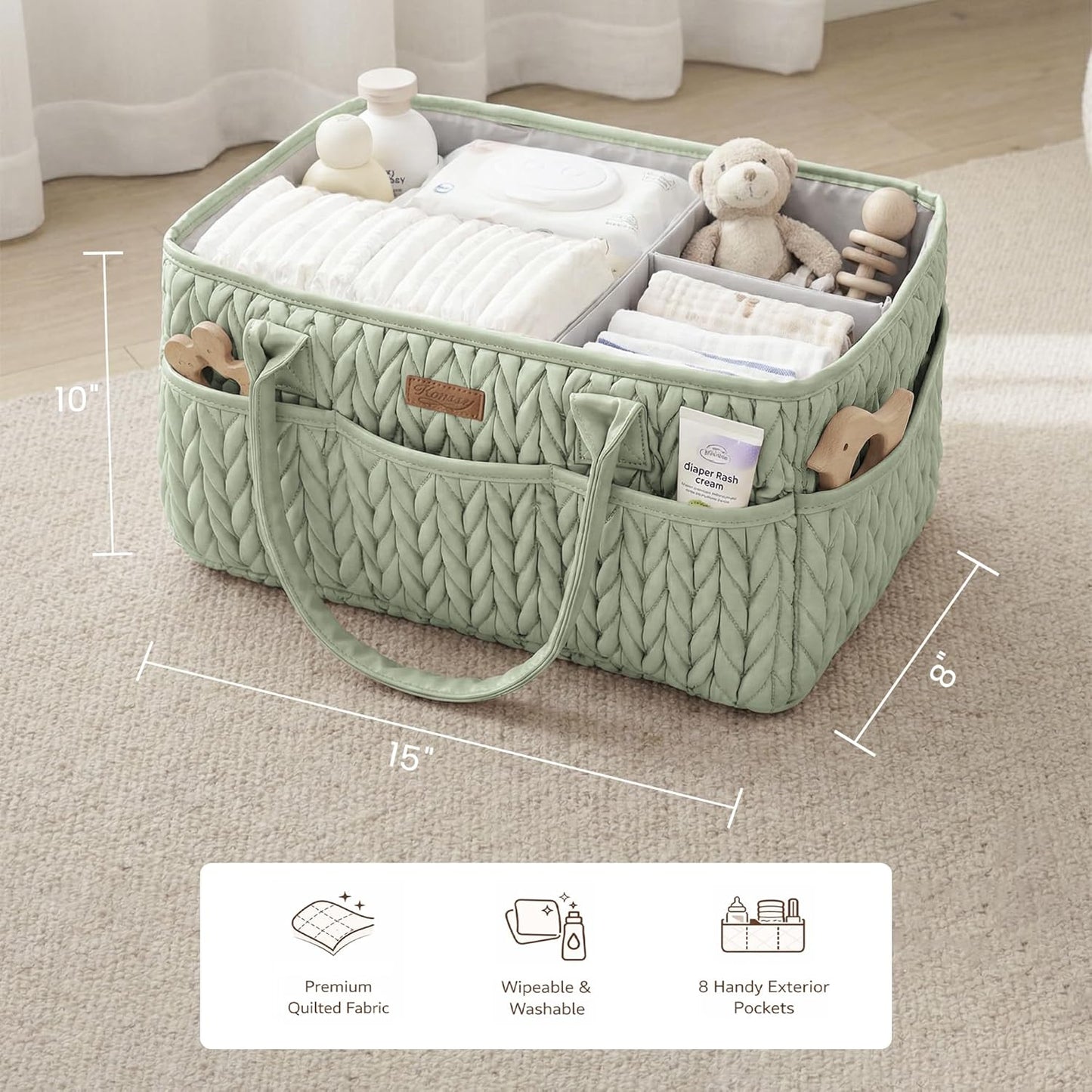 Konssy Braided Quilted Diaper Caddy Organizer, Boho Nursery Storage Basket with PU Leather Handles, Water-Repellent Portable Diaper Basket for Changing Table, Newborn Essentials (Fog Green)