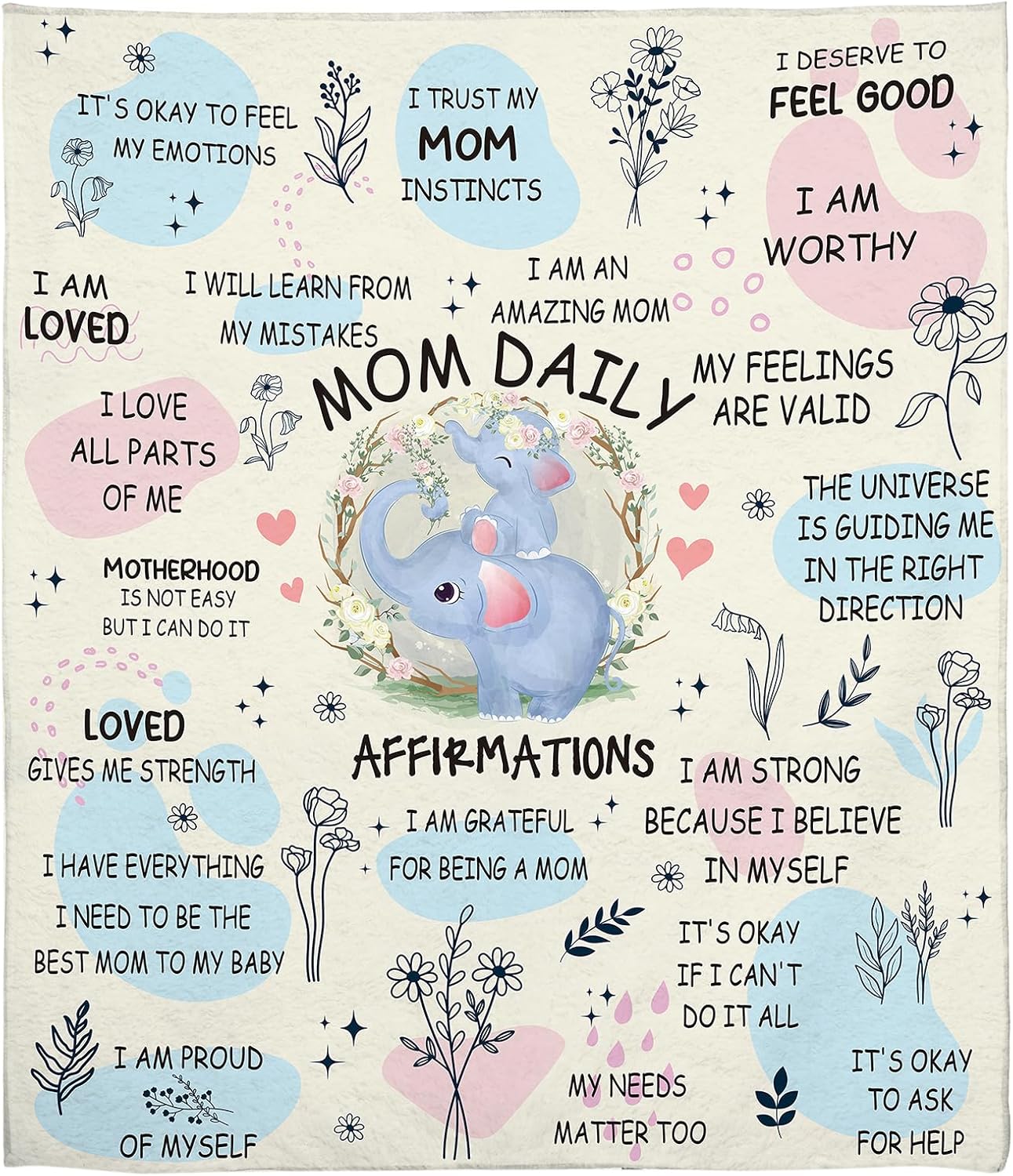 New Mom Gifts Blanket - Mama Daily Affirmations Elephant Throw 50x60, Postpartum Self Care Inspirational Gift for Mommy to Be, Boy or Girl Mom Present