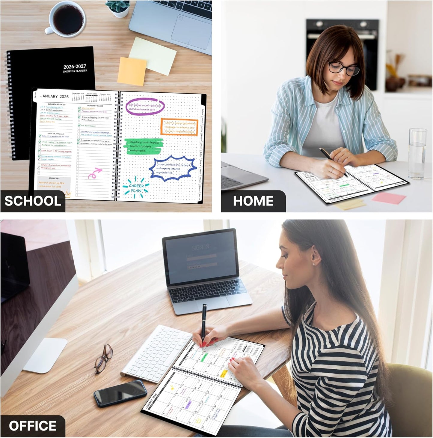 2026-2027 Monthly Planner, 18 Monthly Calendar Planner, January 2026 - June 2027, 8’’ x 10’’, 2026 Spiral Agenda with Tabs ＆Pocket, Flexible Cover, Organizer Notebook for Office Home School, Black