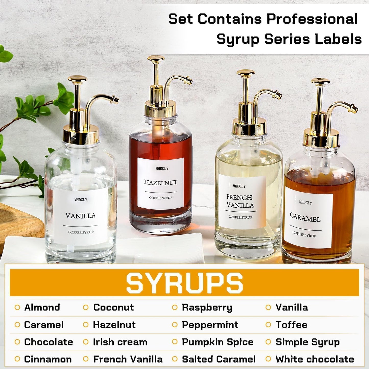 Coffee Bar Accessories, Coffee Syrup Dispenser - 4pack,16.9oz Syrup Dispenser with Labels,Syrup Pump Dispenser for Coffee Bar(Gold Pump)