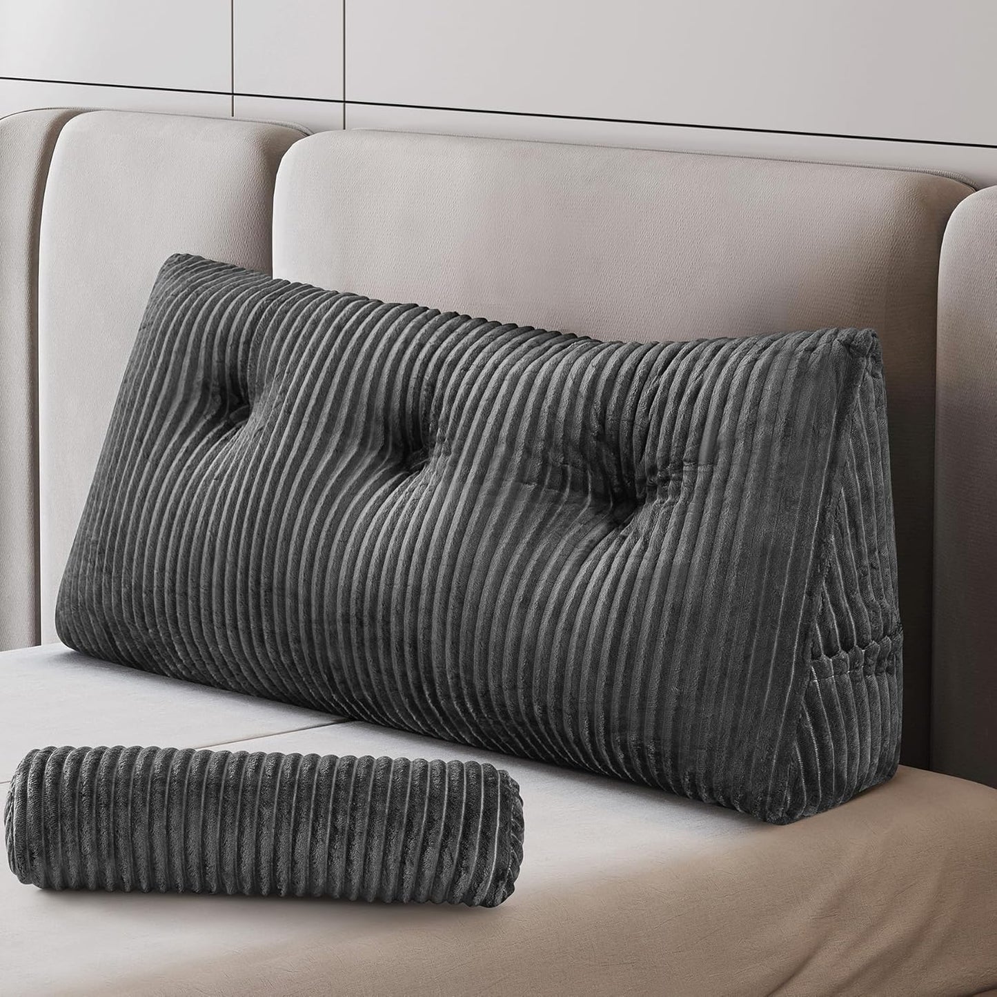 Wedge Headboard Backrest Pillow — Twin, Ultra Soft, Triangle with Roll Pillow, Grey