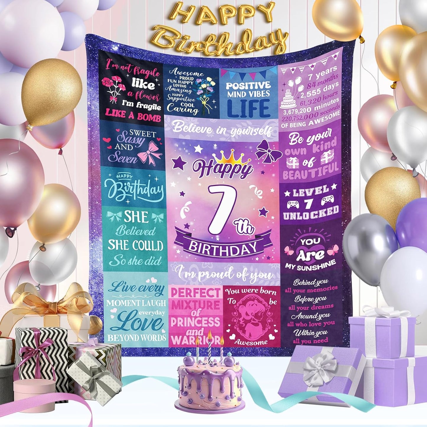 7 Year Old Girl Birthday Gift, Gifts for 7 Year Old Girls, Happy 7th Birthday Girls Throw Blanket 50 x 60 Inch, 7th Birthday Decorations for Girl