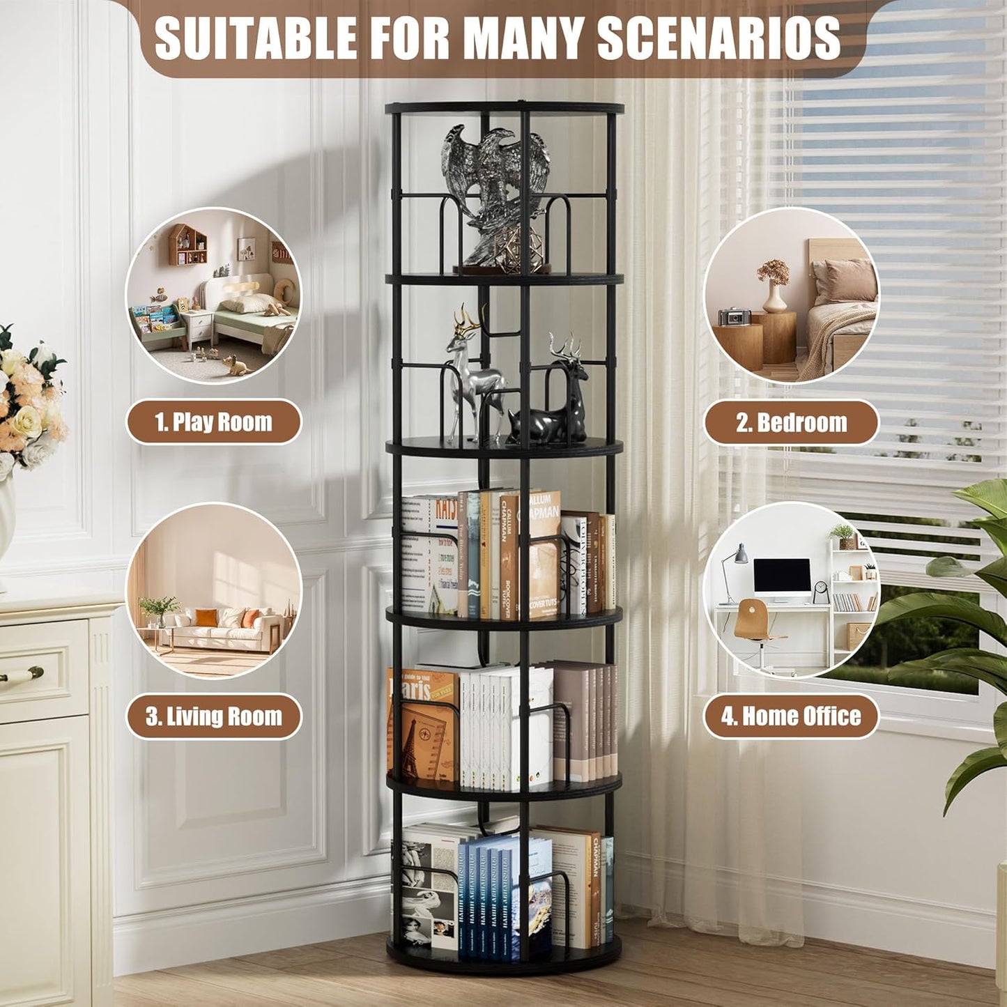 Flycity 5 Tier Rotating Bookshelf, 360° Corner Bookshelf Tower, Round Revolving Bookcase with Special Visible Partition Storage, Narrow Book Shelf Organizer for Living Room, Small Space, Black