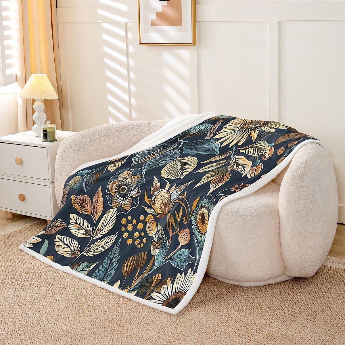 Feelyou Blue Boho Throw Blanket Vintage Floral Soft Fleece Sherpa Cozy Fuzzy Plush Warm Retro Flower Paisley Botanical Fuzzy Plush Throw Twin 60"x80" for Bed Couch Living Room