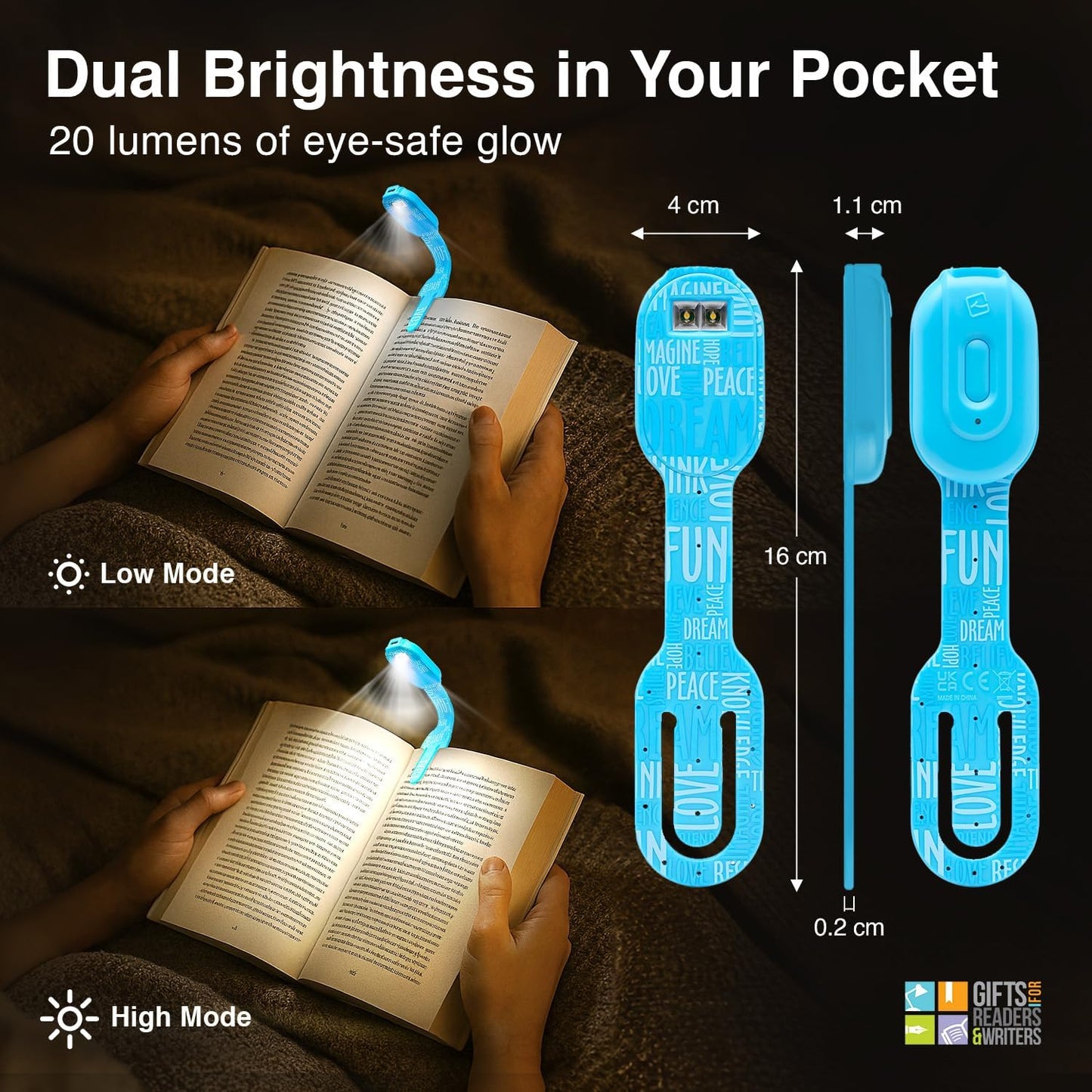 Gifts for Readers & Writers Rechargeable Book Light, Clip On Reading Light for Bed, 2in1 Flexilight & Bookmark, 12 Hours of Light Once Charged, Includes USB Cable & 2 LED Lights, Blue Words