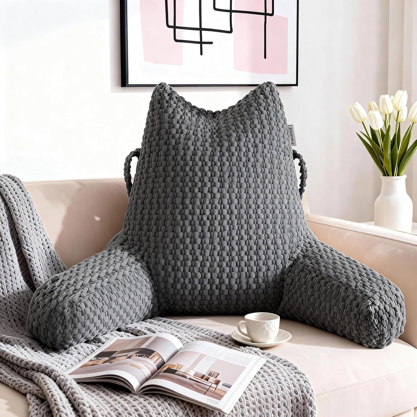 Reading Pillow, Backrest Pillow with Shredded Memory Foam, Back Support Cushion for Bed and Couch Sitting Up, Bed Pillow with Arms, Pockets and Washable Cover-Grey