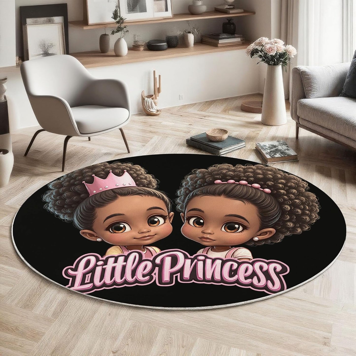 2Ft Round Washable Rug - Large Area Rug for Living Room Dining Room, Black Soft Bedroom Carpet with Cartoon Black Person Little Girl Pattern, Fun Illustration Décor, Low Pile Stain Resistant