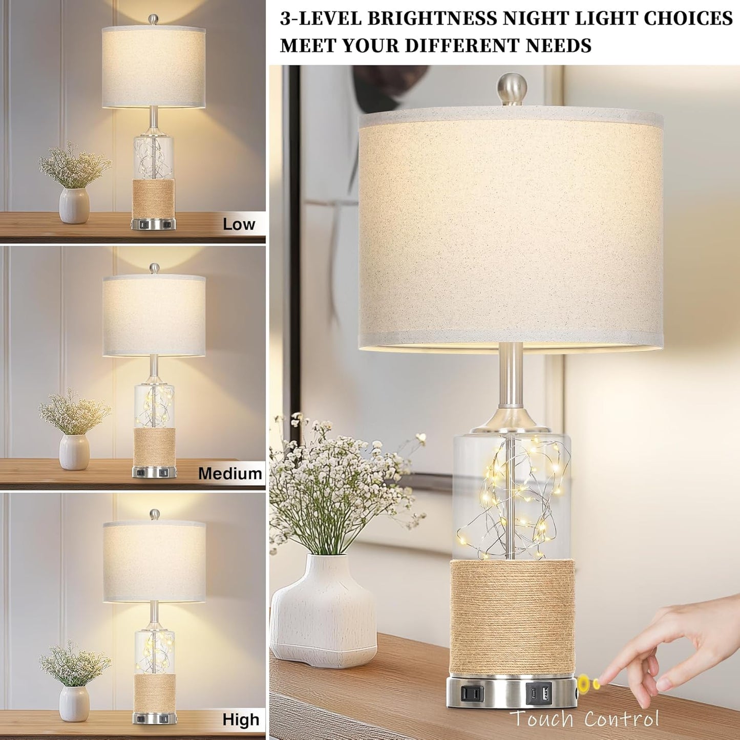 25" Coastal Glass Lamps Set of 2, Touch Control 3-Way Dimmable Night Light Modern Table Lamp with USB A+C Ports & AC Outlets Linen Fabric Shade for Living Room Bedroom Silver Ocean(LED Bulbs Included)