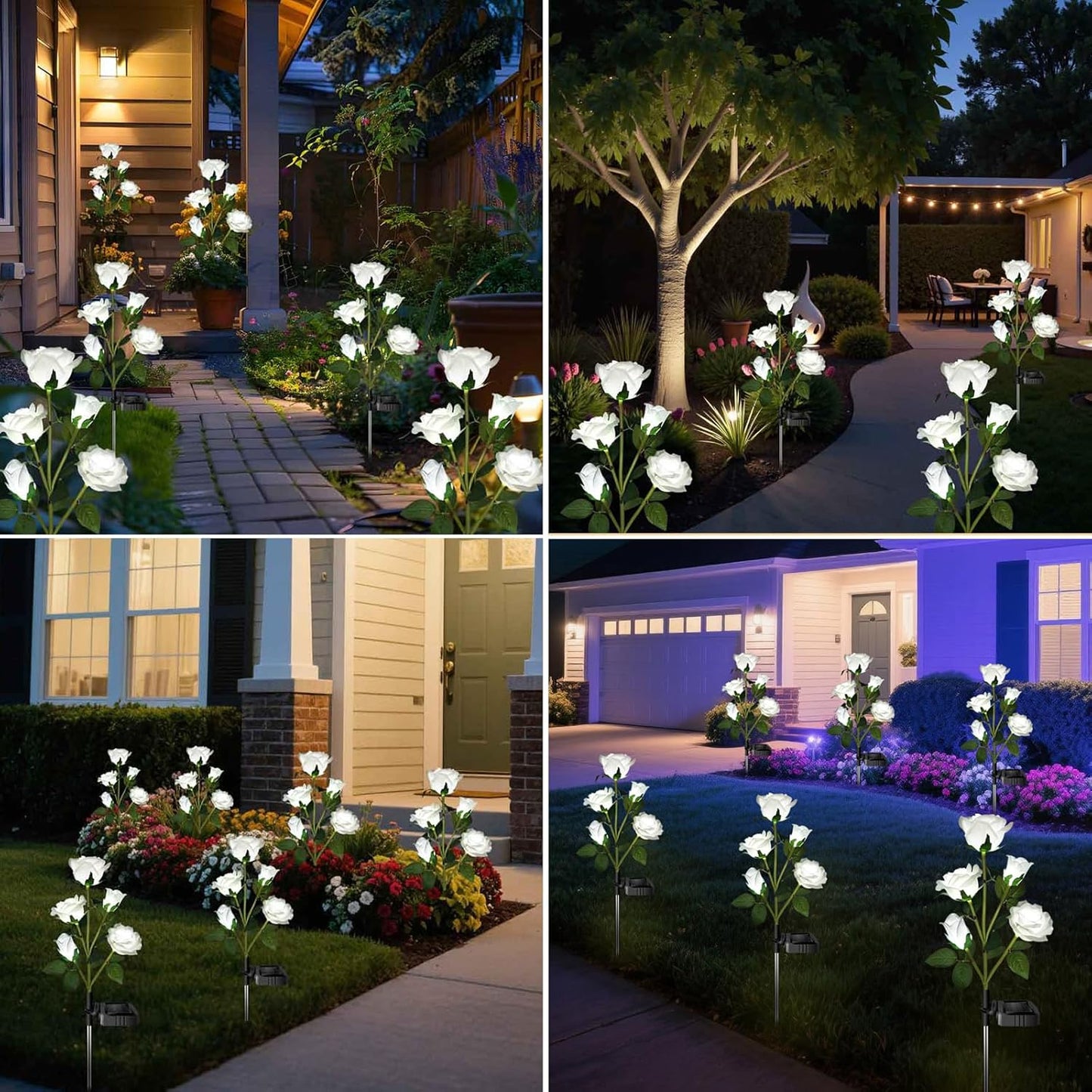 Solar Garden Lights, Solar Outdoor Lights with More Realistic 10 Rose Waterproof Solar Powered Flowers for Outside Patio Yard Pathway Decorations, 2 Pack White