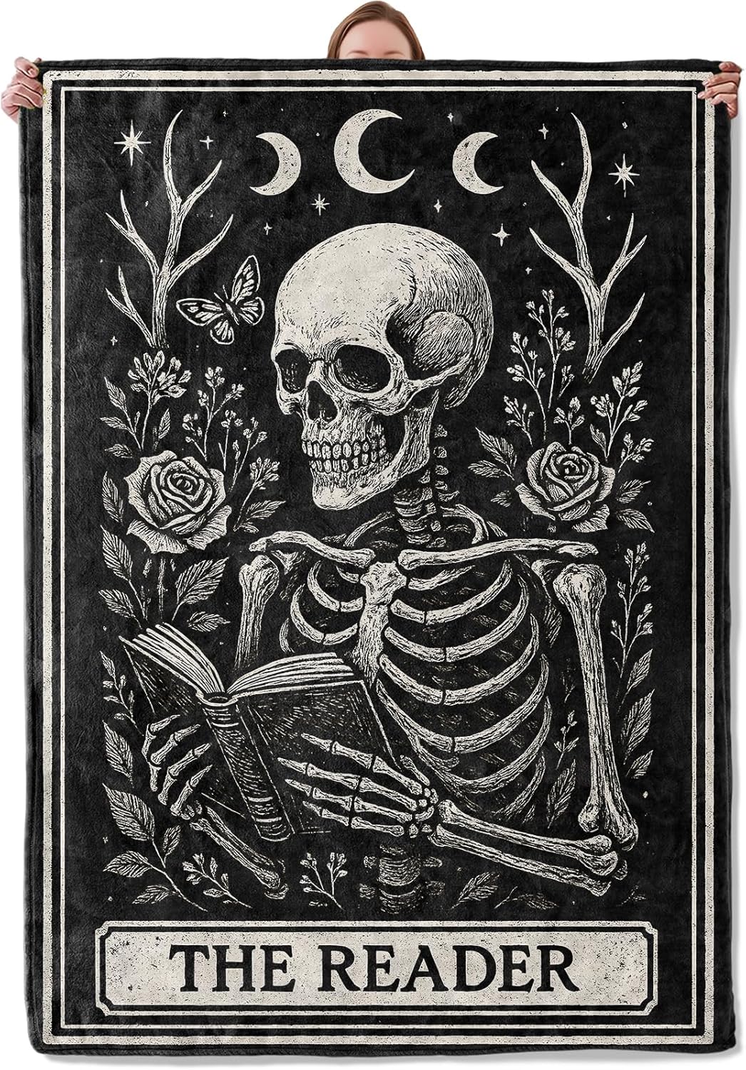 Gothic Skeleton Reading Blanket Gifts for Women, Soft Warm Lightweight Flannel Skull Moon Throw Blankets for Bedroom Living Room Home Sofa Camping Decor 50" x 60", Goth Floral Throws