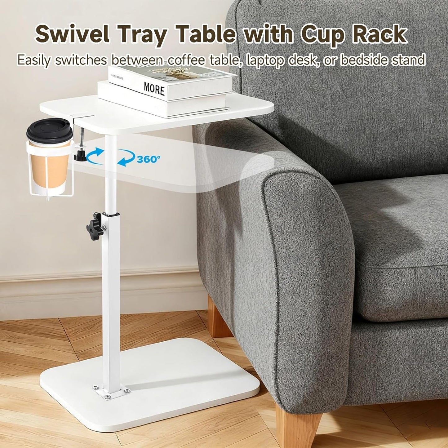 360° Swivel C Shaped Side Table with Cup Holder, Adjustable Height Sofa Tray Table for Couch or Bed, Sliding Under Sofa Snack & Laptop Side Table for Small Spaces, White End Table