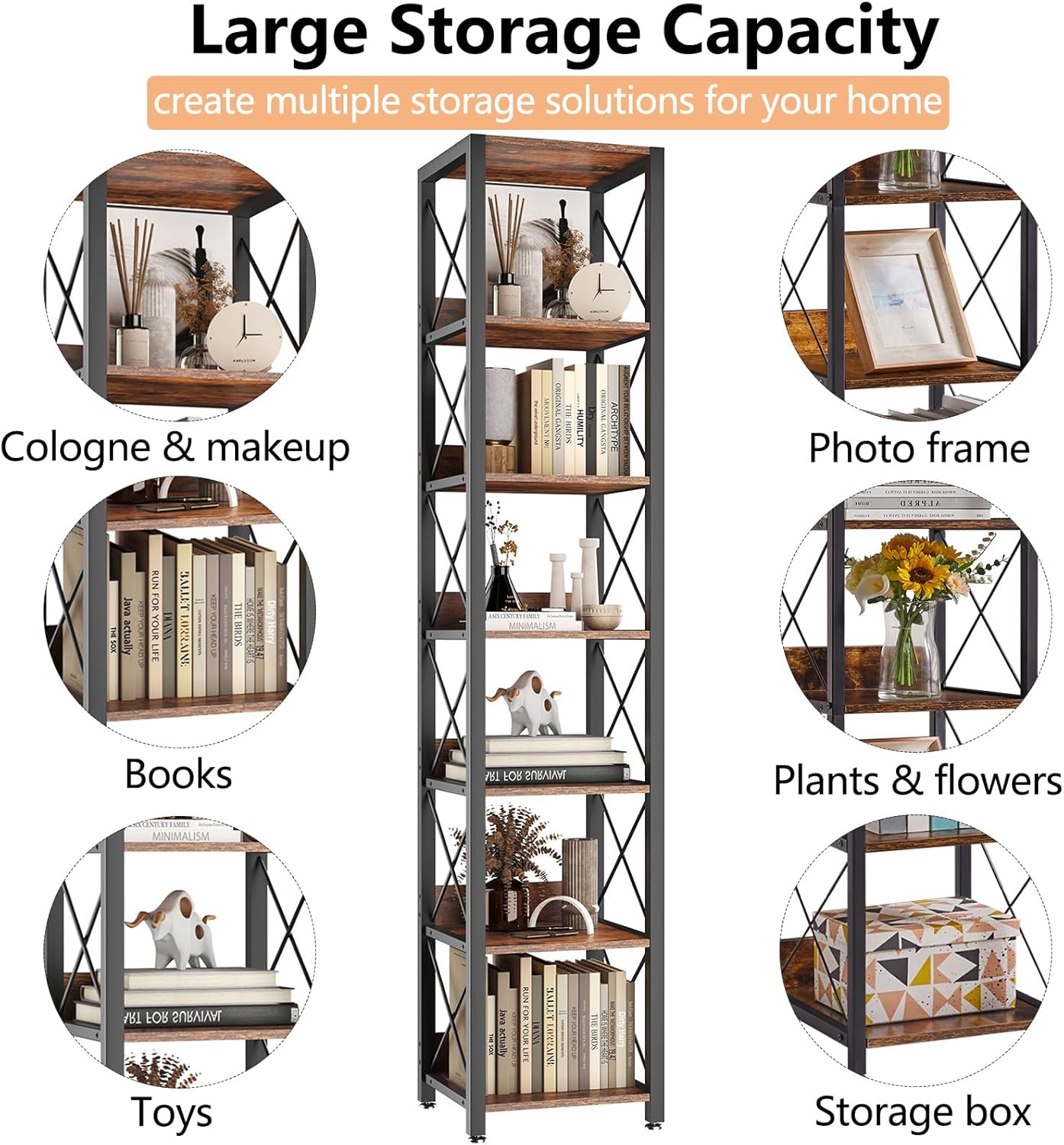 IBUYKE 6-Tier Tall Narrow Bookcase,Wood Corner Shelf Storage Display Rack for Small Spaces,Free Standing Open Bookshelf Square Shelf Tower for Home Office Living Room Bathroom, Rustic Brown UTBC001H