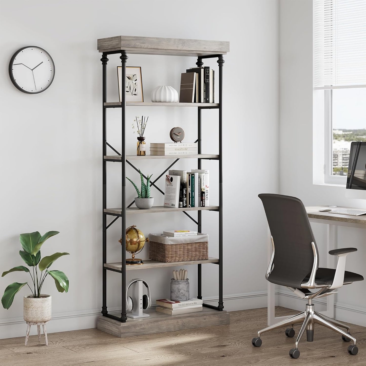 IDEALHOUSE Industrial Bookshelf Wood Bookcase 6 Tier Storage Open Rack Shelf with Metal Frame Rustic Tall Standing Bookshelves Large Grey Display Rack for Bedroom,Living Room and Home Office