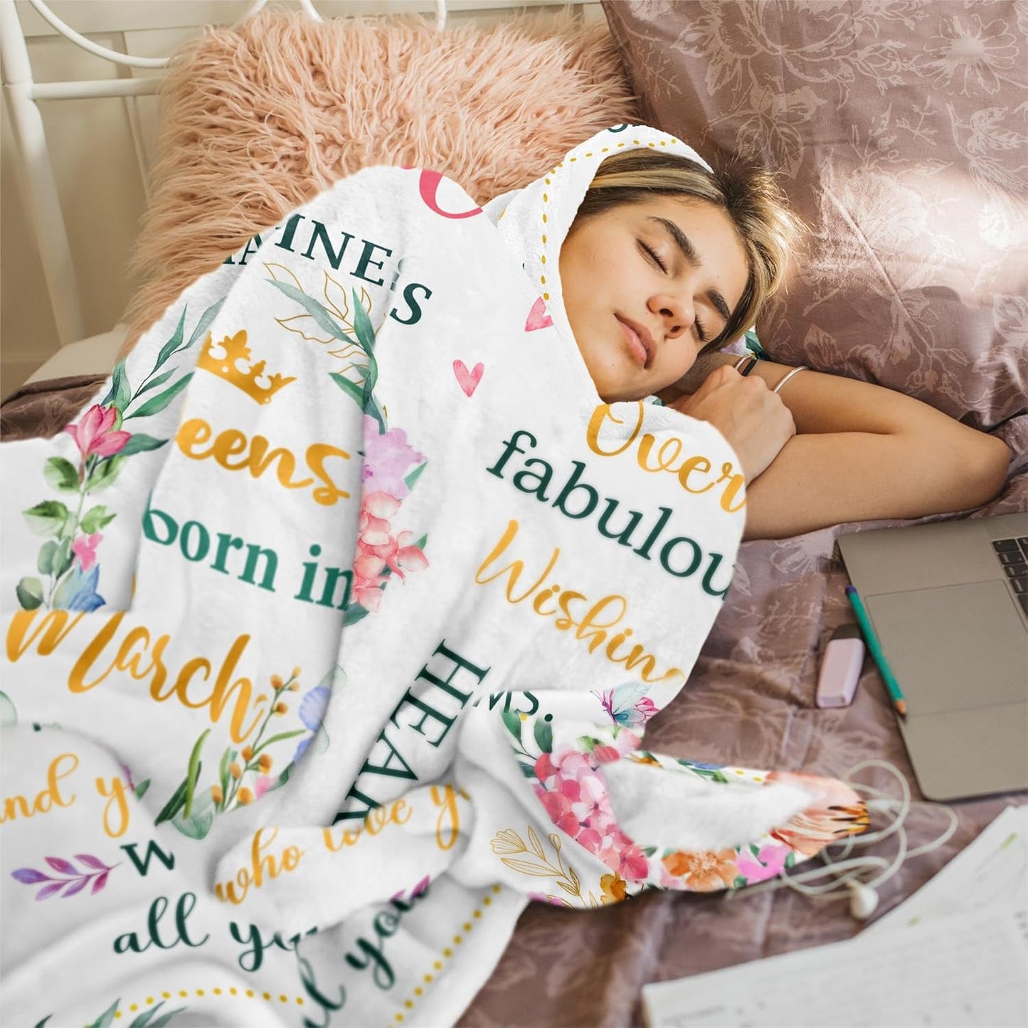 March Birthday Gifts for Women Blanket 60"x50", Birthday Gifts for Women Mom Girls Daughter Wife Sister, March Bday Throw Blanket
