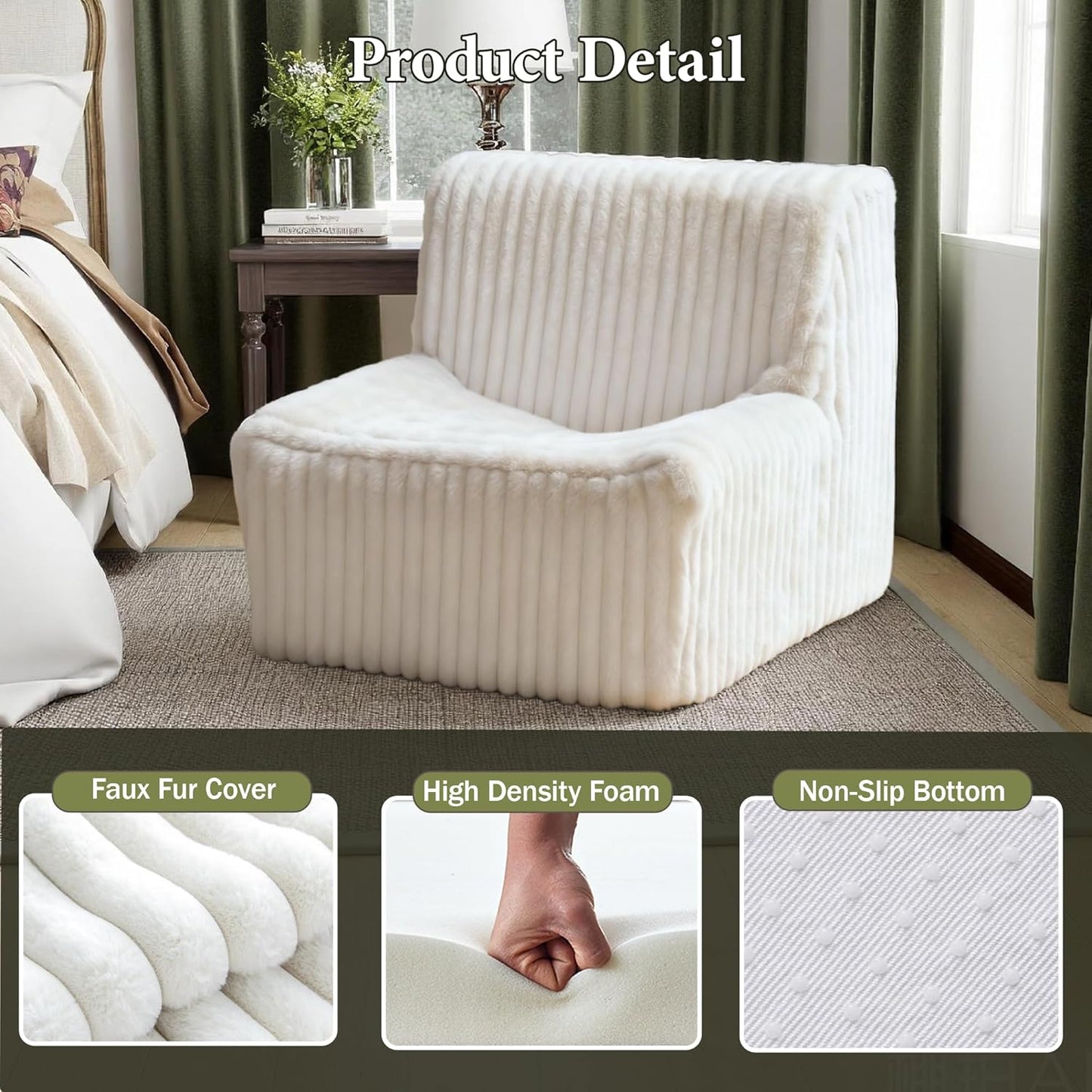 Trenda 32'' Comfy Bedroom Chair for Adult, Boneless Space-Saving Accent Chairs with with Spacious Seating, Soft Faux Fur Cover, Ideal Floor Couch for Living Room,College, Dorm to Reading (White)