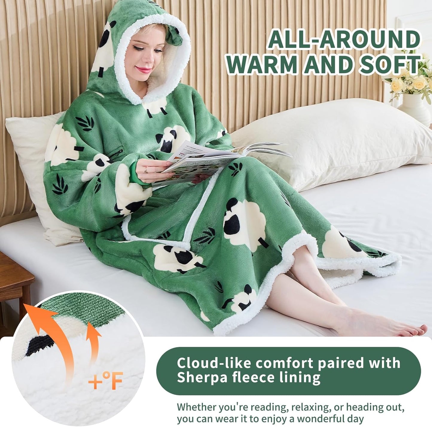 IFNOW Wearable Blanket Hoodie, Oversized Sherpa Fleece Hooded Sweatshirt with Eye Mask for Adult, Gifts for Women Men