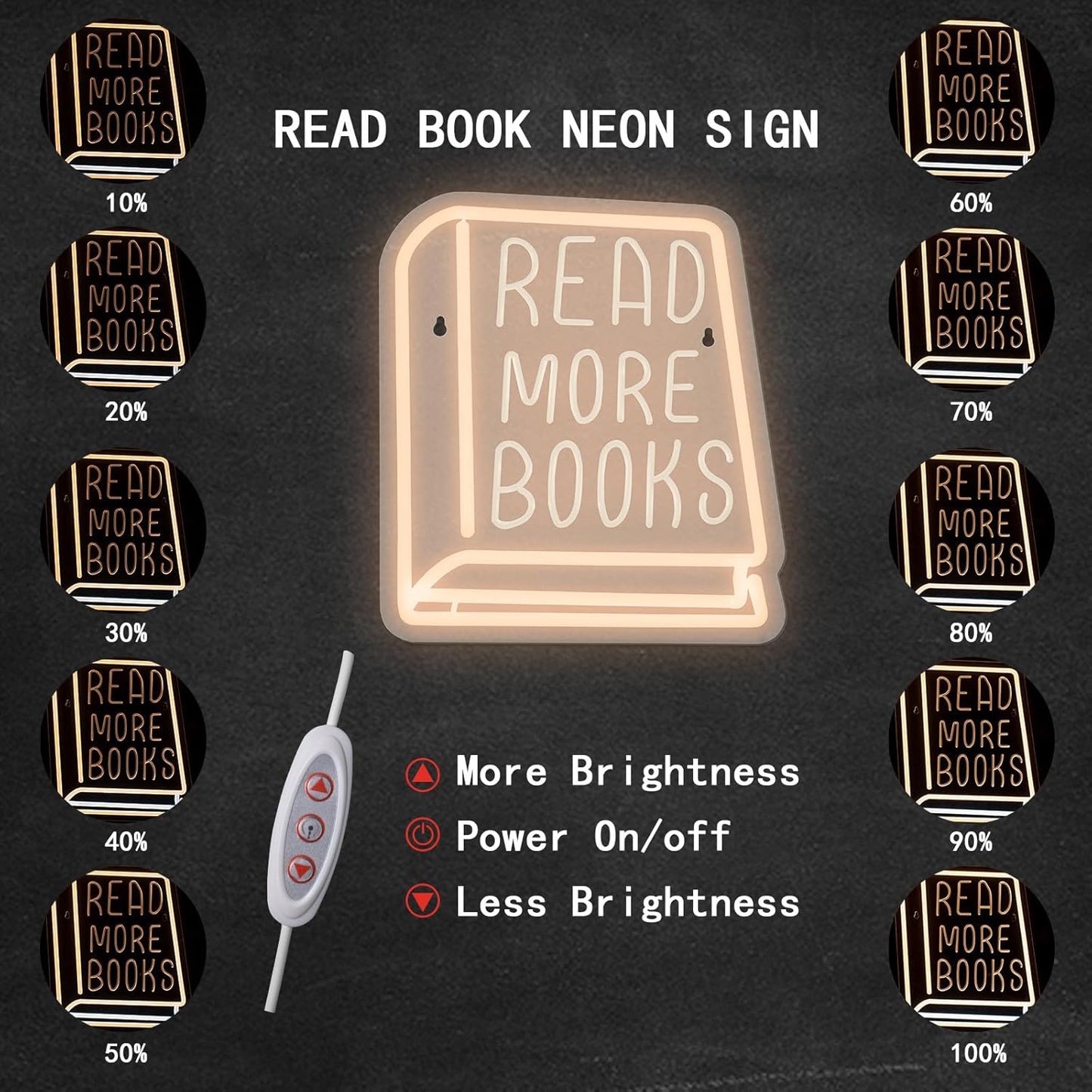 Neon Sign Read More Books, White LED Sign for Library Decor, 11 Inches x 11 Inches, Acrylic Material