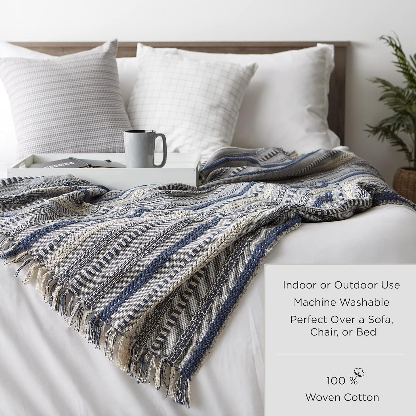 DII Modern Farmhouse Plaid Collection Cotton Fringe Throw Blanket, 50x60, White/Honey Gold