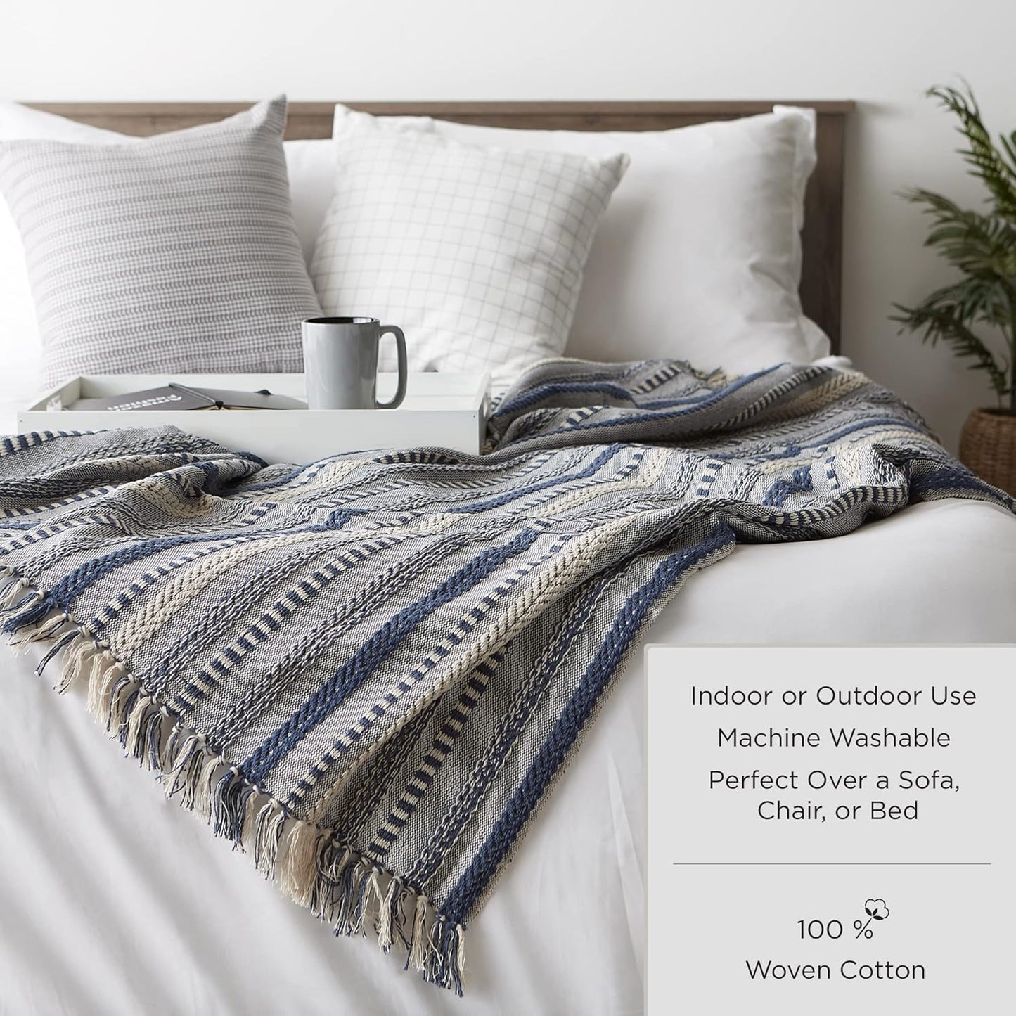 DII Modern Cotton Geometric Blanket Throw with Fringe for Chair, Couch, Picnic, Camping, Beach, & Keep Cozy with Everyday Use, 50x60, Off-White