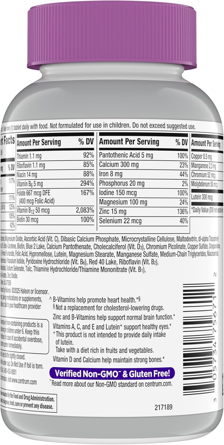 Centrum Silver Women's Multivitamin for Women 50 Plus, Multivitamin/Multimineral Supplement with Vitamin D3, B Vitamins, Non-GMO Ingredients, Supports Memory and Cognition in Older Adults - 200 Ct