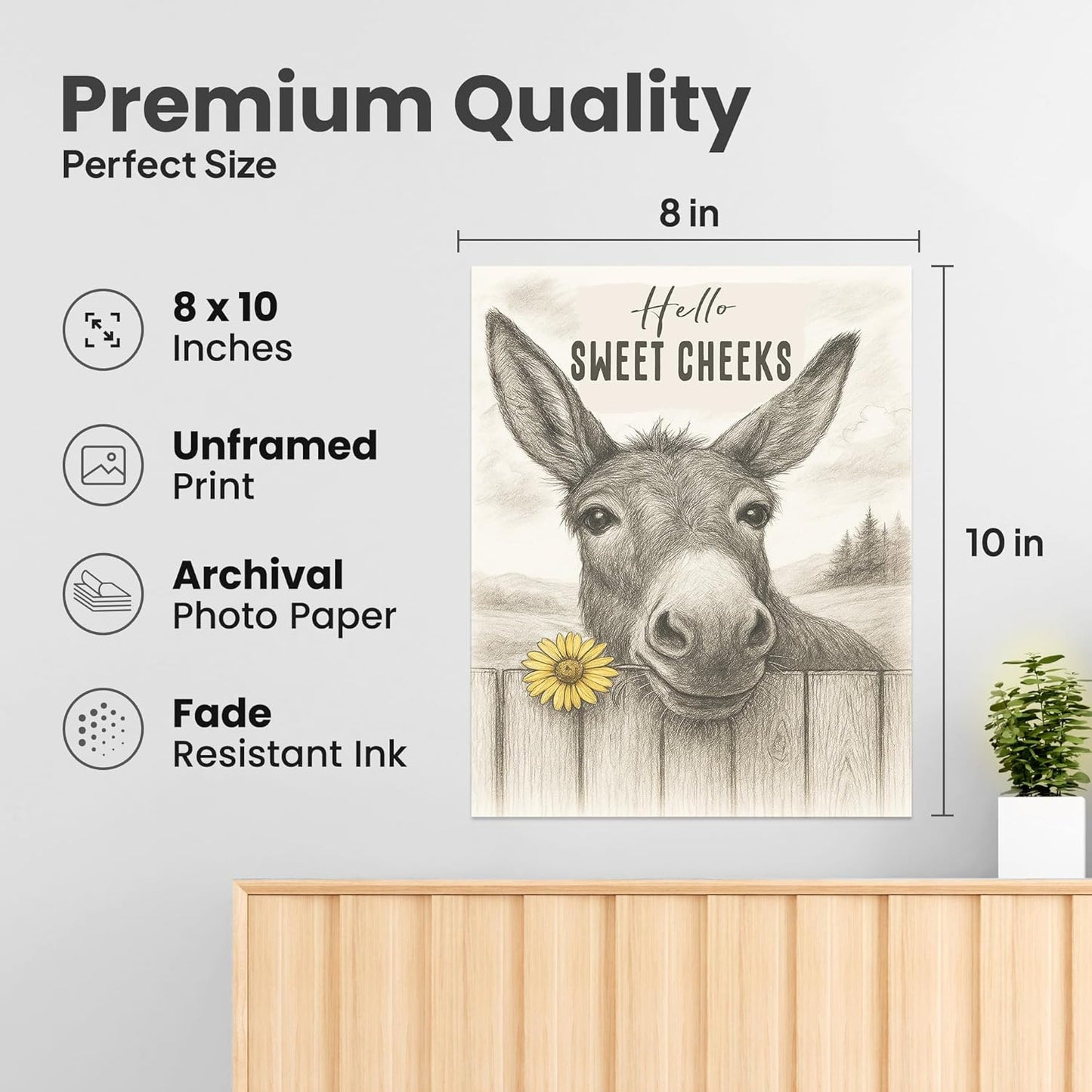 ZUKIY Howdy Humor with Farm Charm - Funny Donkey Wall Art Poster 8x10 Inch - Unframed Rustic Farmhouse Bathroom Decor - Animal Poster for Wall Decoration in Home Hallway Office or Studio