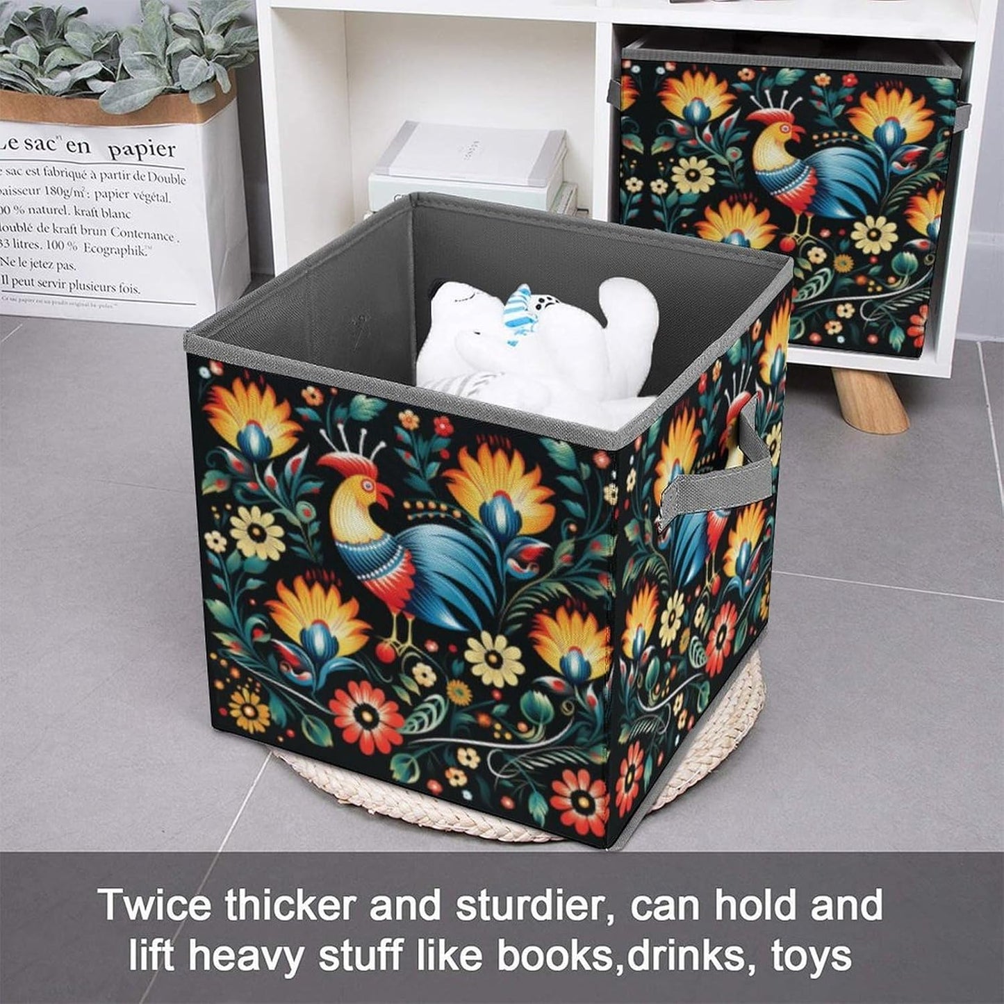 Polish Folk Art Pattern Storage Bins with Handles Fashion Large Storage Cubes Sturdy Foldable Storage Boxes Space-Saving Storage Baskets for Home Office Clothes Closet Organizers