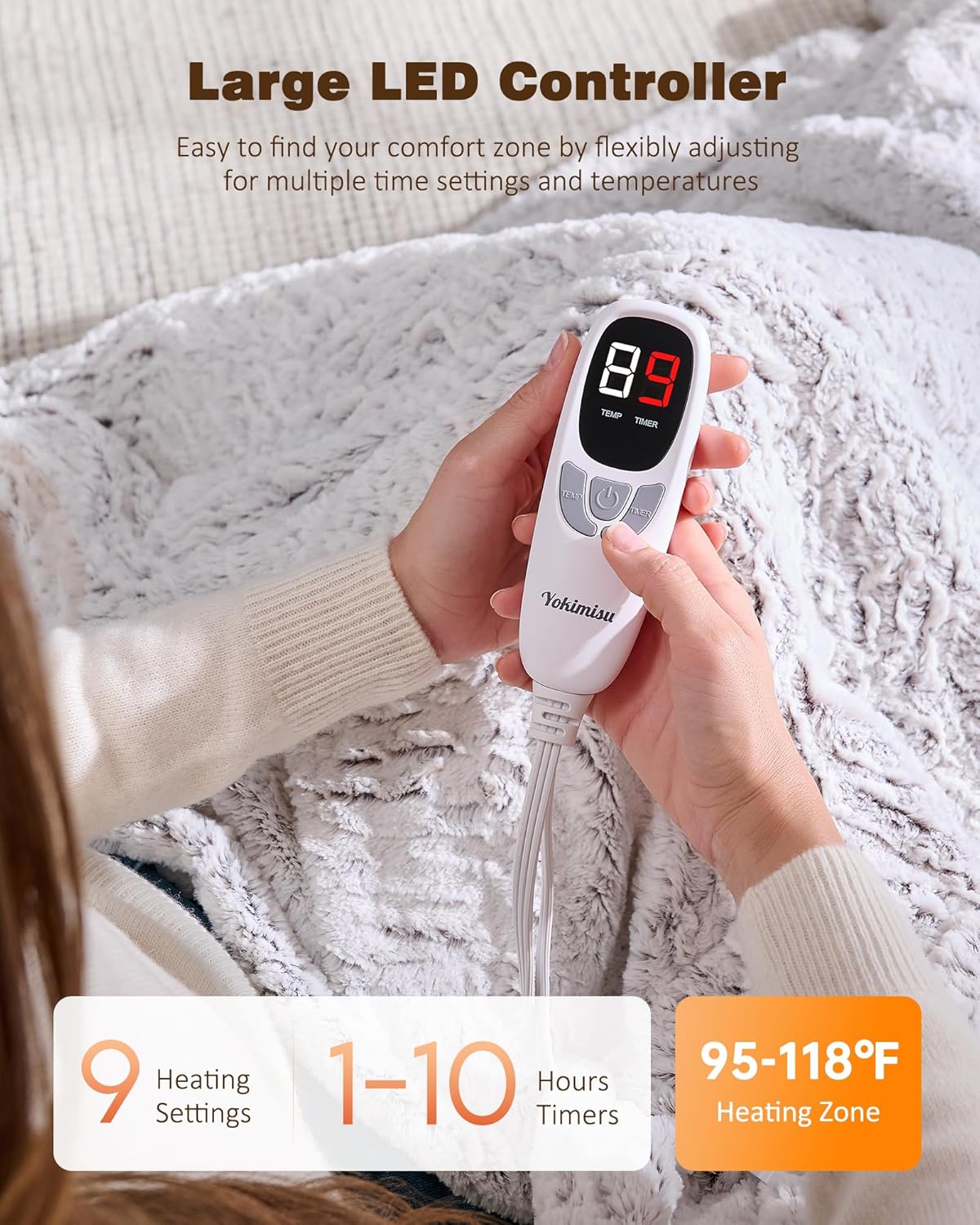 Electric Blanket Heated Twin 62"x84", Bed Blanket Clearance with 9 Heat Levels & 1-10H Timer, Silky Faux Fur, Fluffy Cozy Machine Washable Bedding, Gifts for Mom Dad (Brushed White)