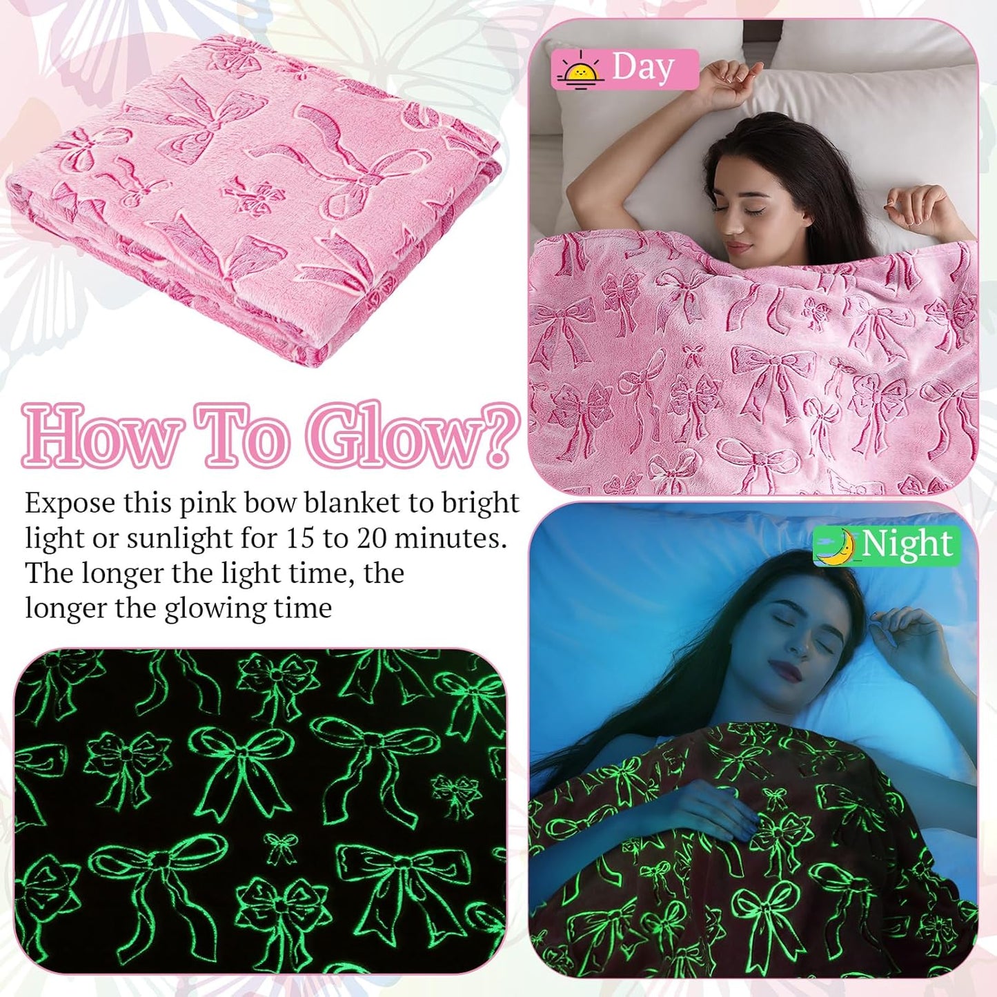 Bow Blanket Glow in The Dark Blanket Soft Cozy Flannel Glow Throw Warm Luminous Throw Gift for Girls Boys Women Men Nursery Bed Sofa Couch Travel Birthday, 50" x 60" (Pink)