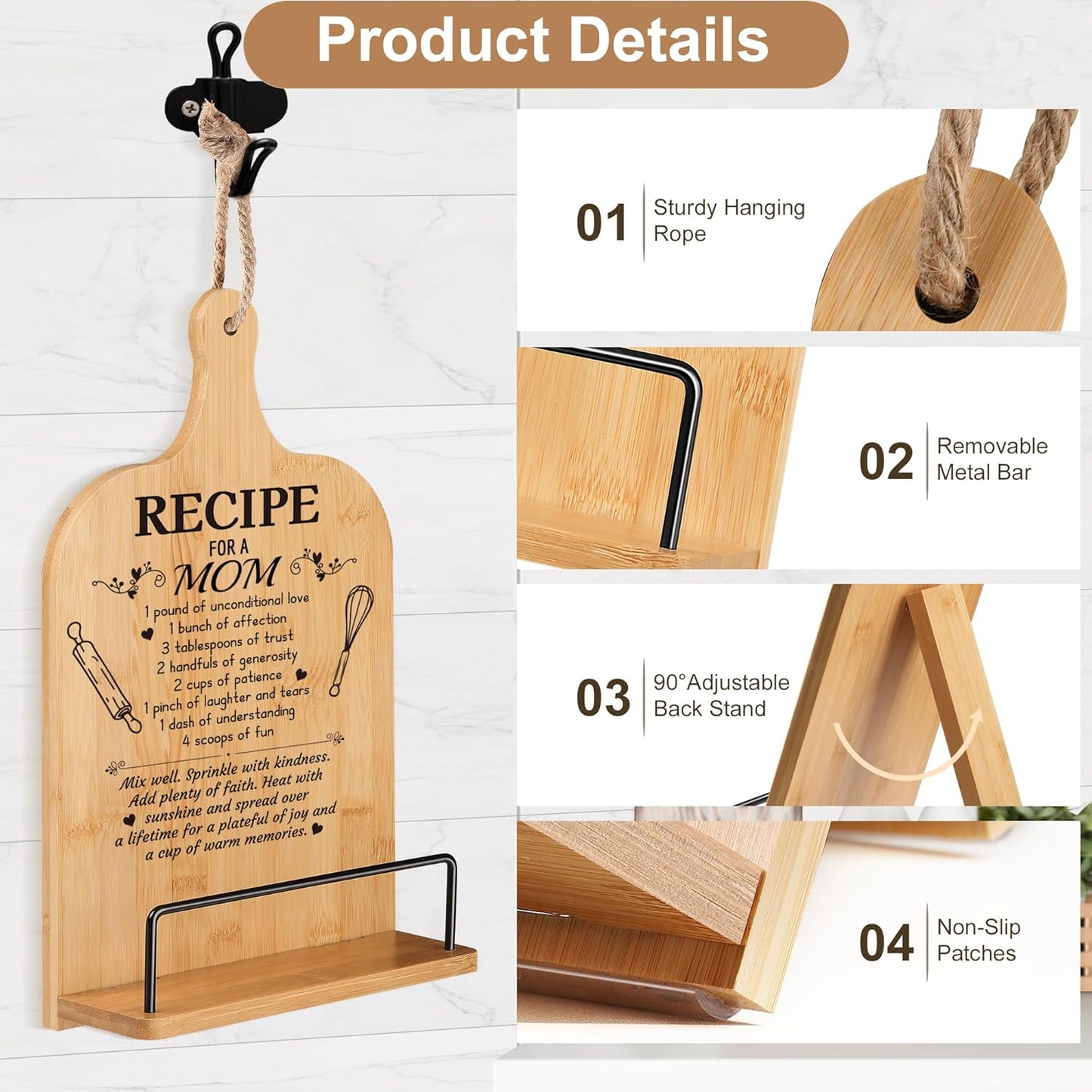 Mom Gifts Kitchen Gifts for Women Retirement Gifts Cookbook Stand Bamboo Recipe Book Holder Adjustable Non-Slip Cook Book Stand for Kitchen Counter