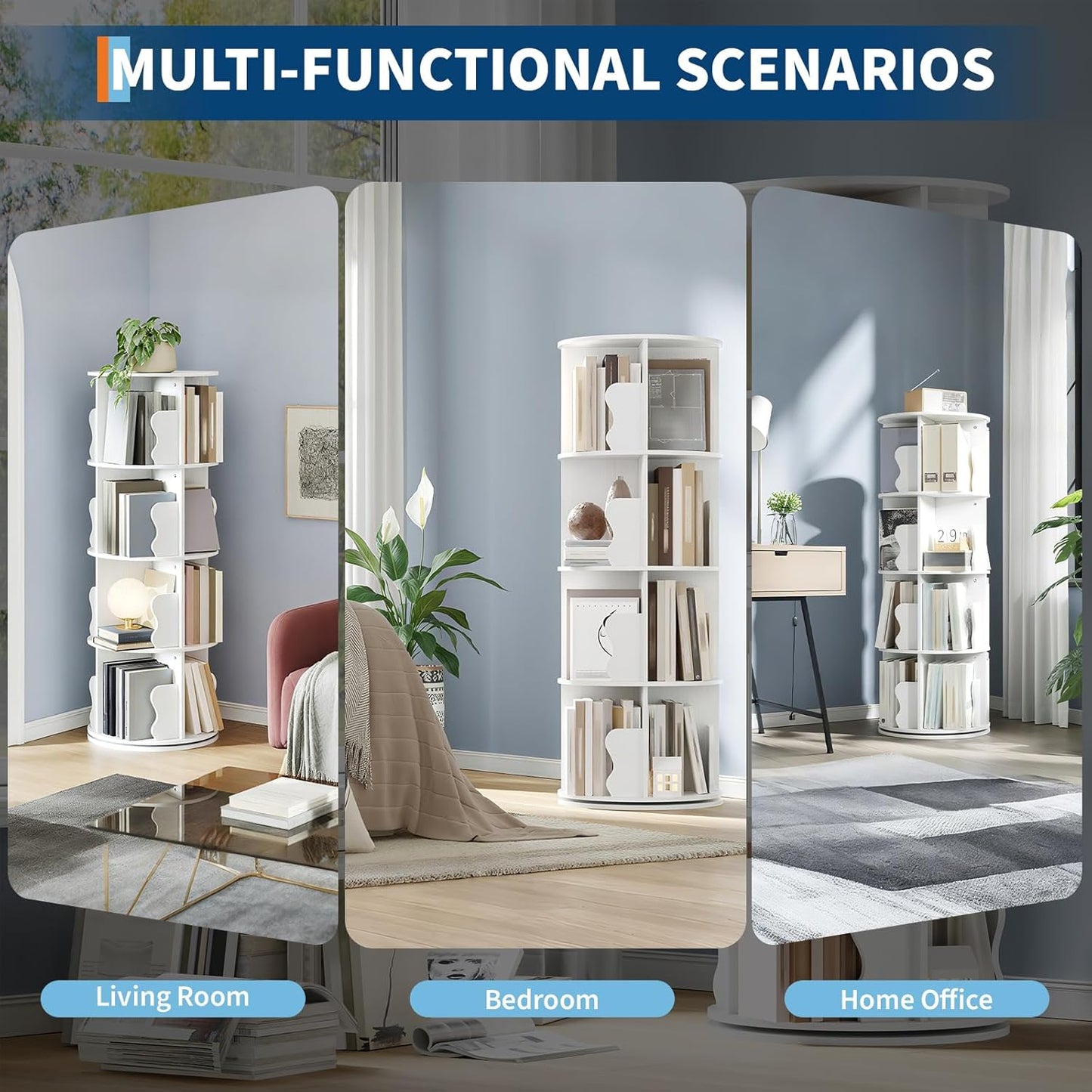 Rotating Bookshelf, 360 Display Spinning Bookshelf Tower, 4 Tier Floor Standing Bookcase Storage Rack, Revolving Bookcase Wood Narrow Book Shelf Organizer for Small Space, Bedroom, Living Room, White