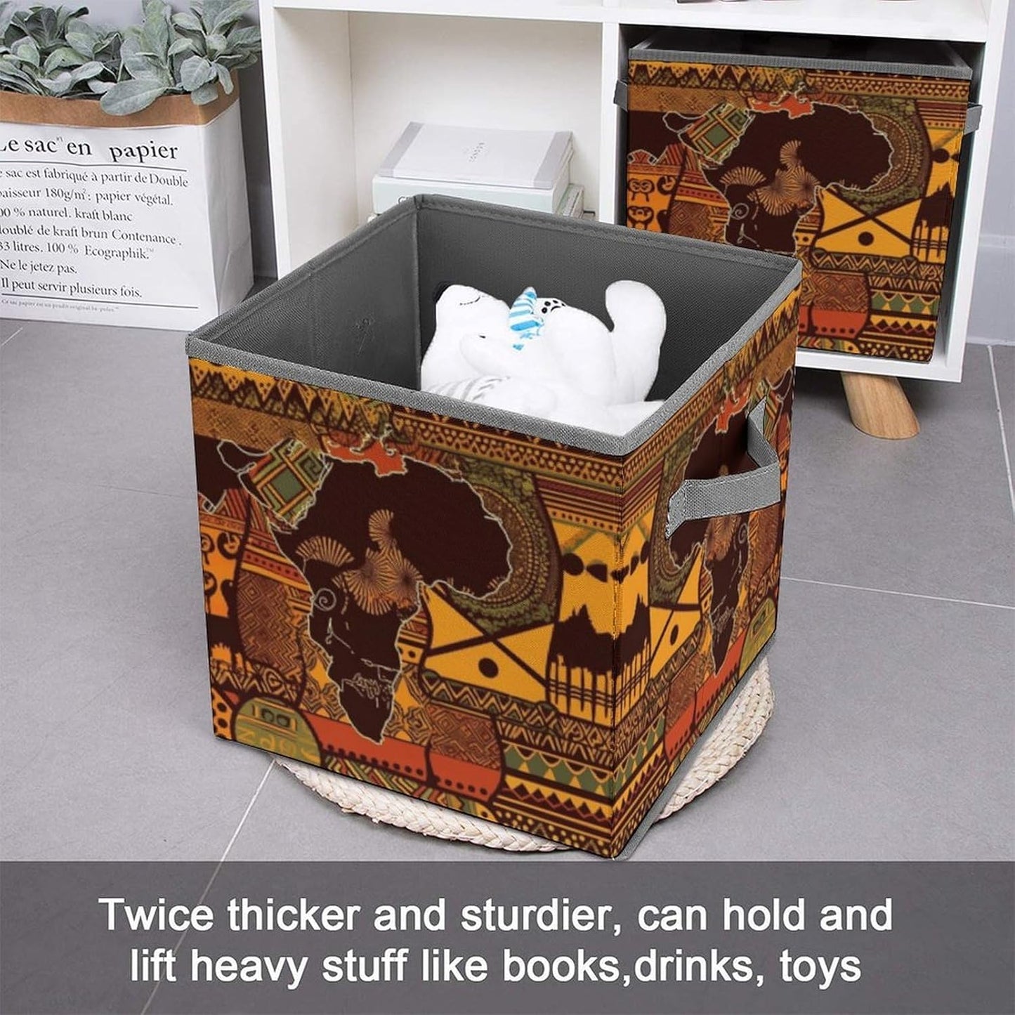 African Map Ethnic Pattern Storage Bins with Handles Fashion Large Storage Cubes Sturdy Foldable Storage Boxes Space-Saving Storage Baskets for Home Office Clothes Closet Organizers