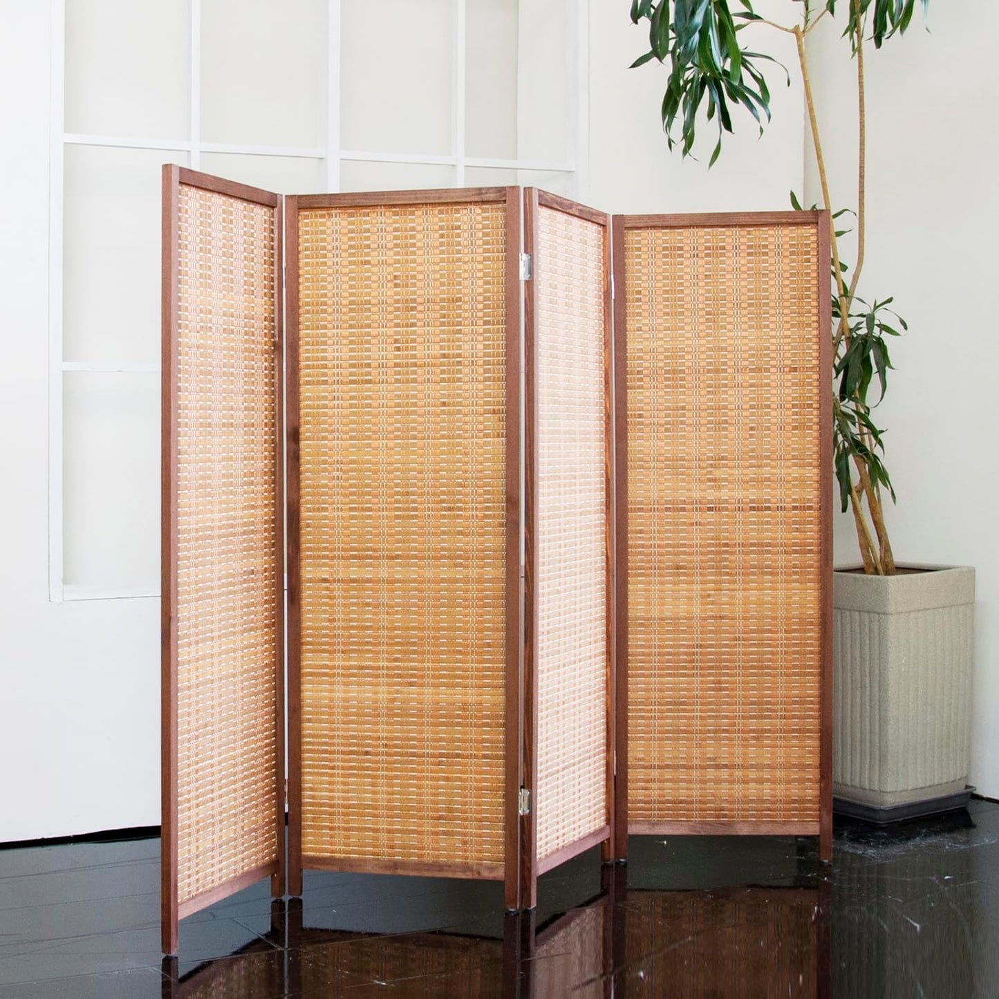 4 Panel Short Room Divider – 3.9 ft Tall Double-Side Folding Privacy Screen, Natural Brown Bamboo Partition Wall for Home Office, Living Room & Corner Spaces