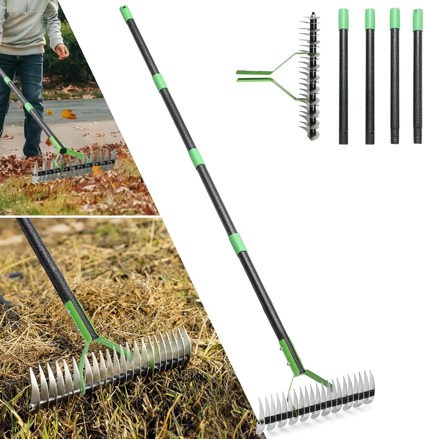 Thatch Rake, 13" Wide Efficient Dethatcher Rake with 70" Adjustable Long Handle, Heavy Duty Steel Metal Dethatching Rakes for Cleaning Dead Grass, Loosening Soil, Lawn Care in Yard Garden