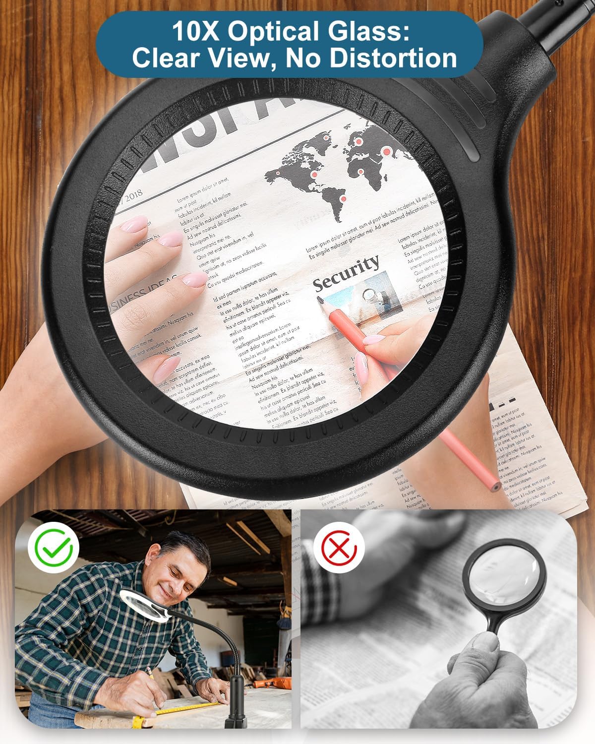 10X Magnifying Glass with Light and Stand, LED 5 Color Modes, Brightness Stepless Dimming Lighted Magnifier Hands Free with Flexible Goose-neck Desk Clamp Lamp for Close Works, Crafts, Hobby, Painting