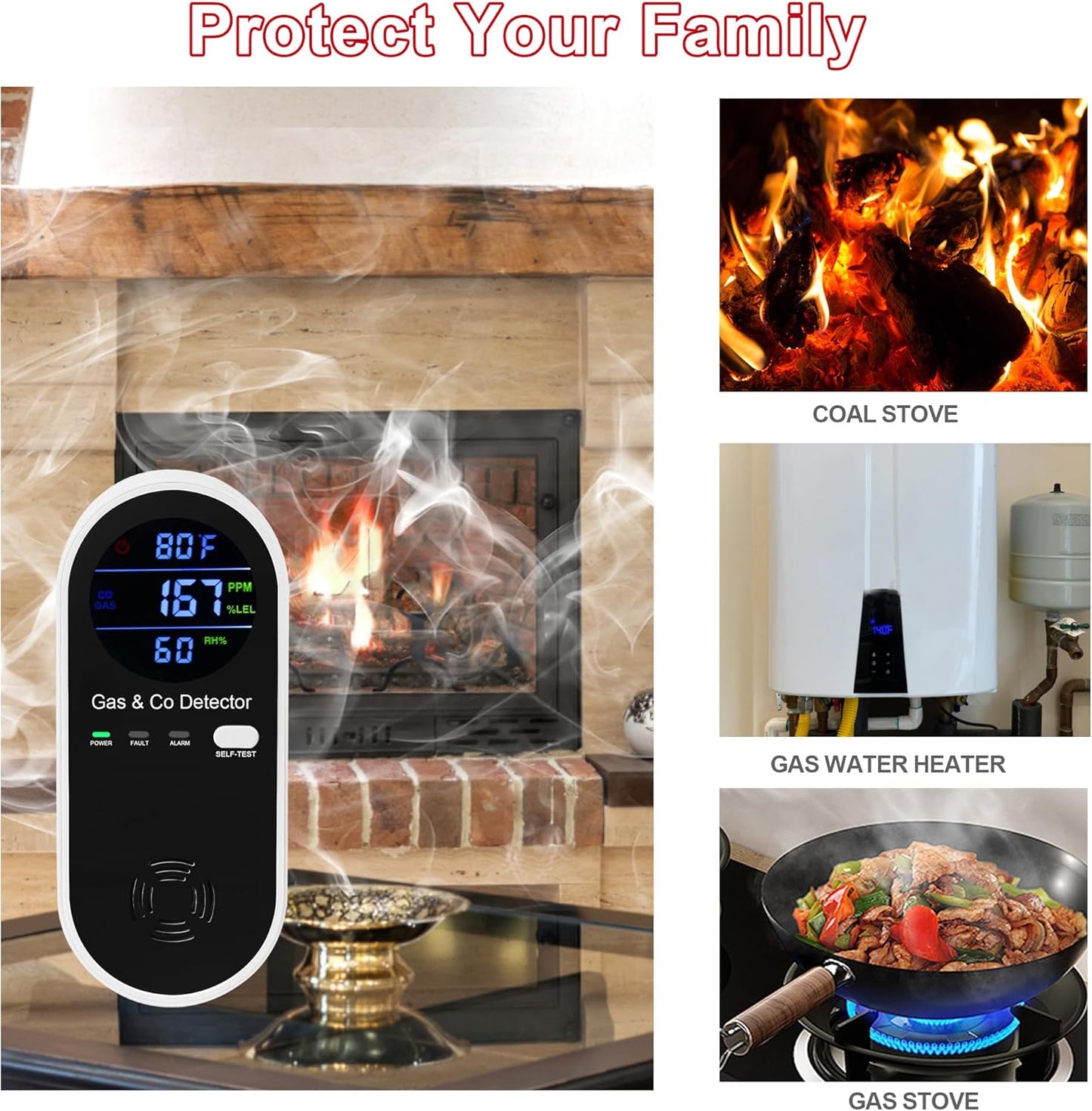 2 Packs Combination Natural-Gas and Carbon-Monoxide-Detector,Koabbit 4-in-1 CO/LPG/LNG Explosive Gas Detector Alarm with Temperature(°F) & Humidity for Home,RV,Hotel,Apartment